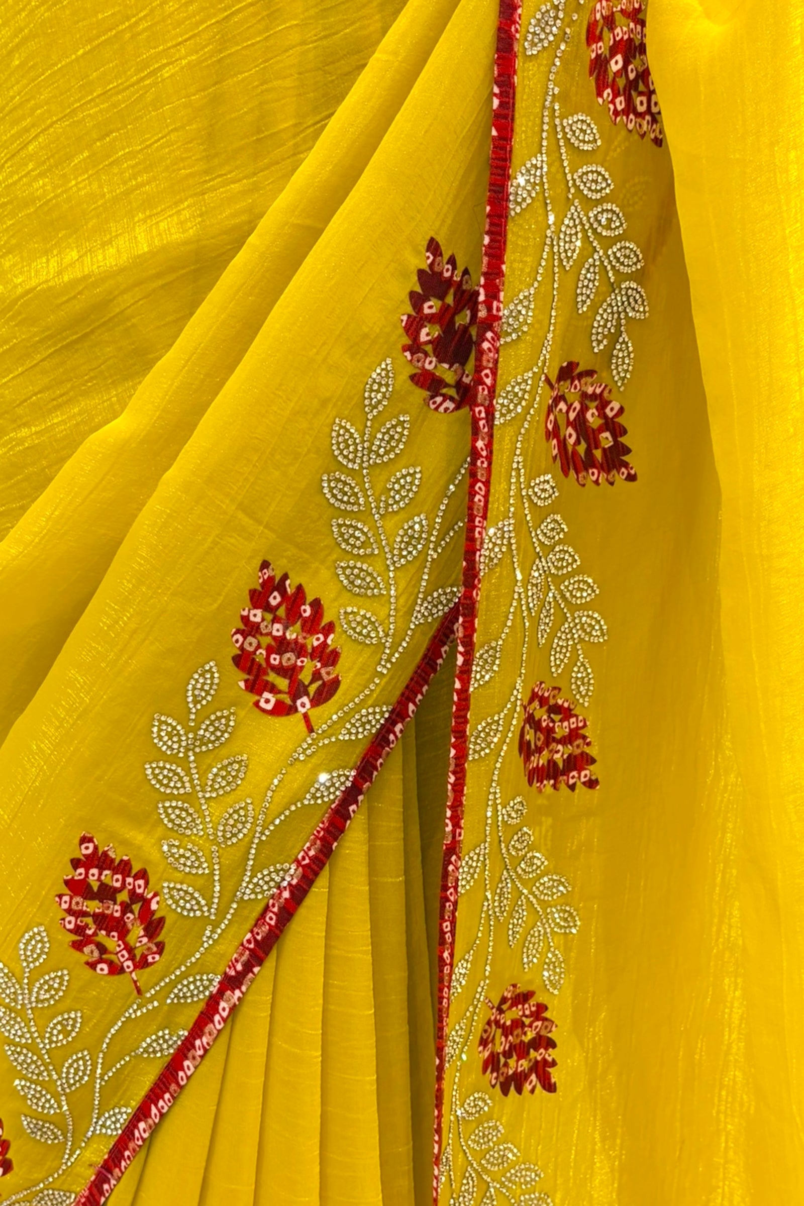 Haldi yellow soft organza saree -Leaf design