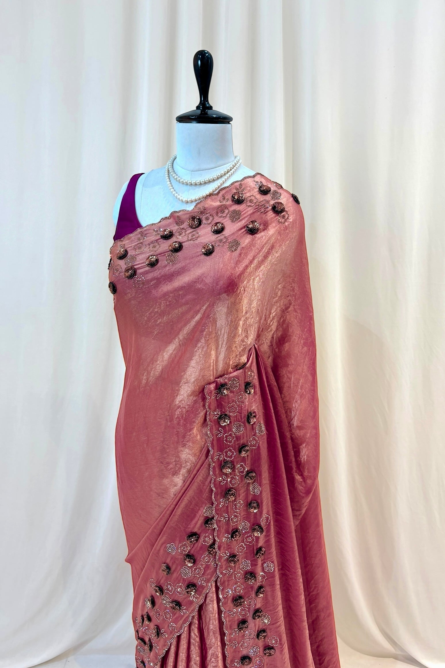 Rose sequins fendy saree - Pink
