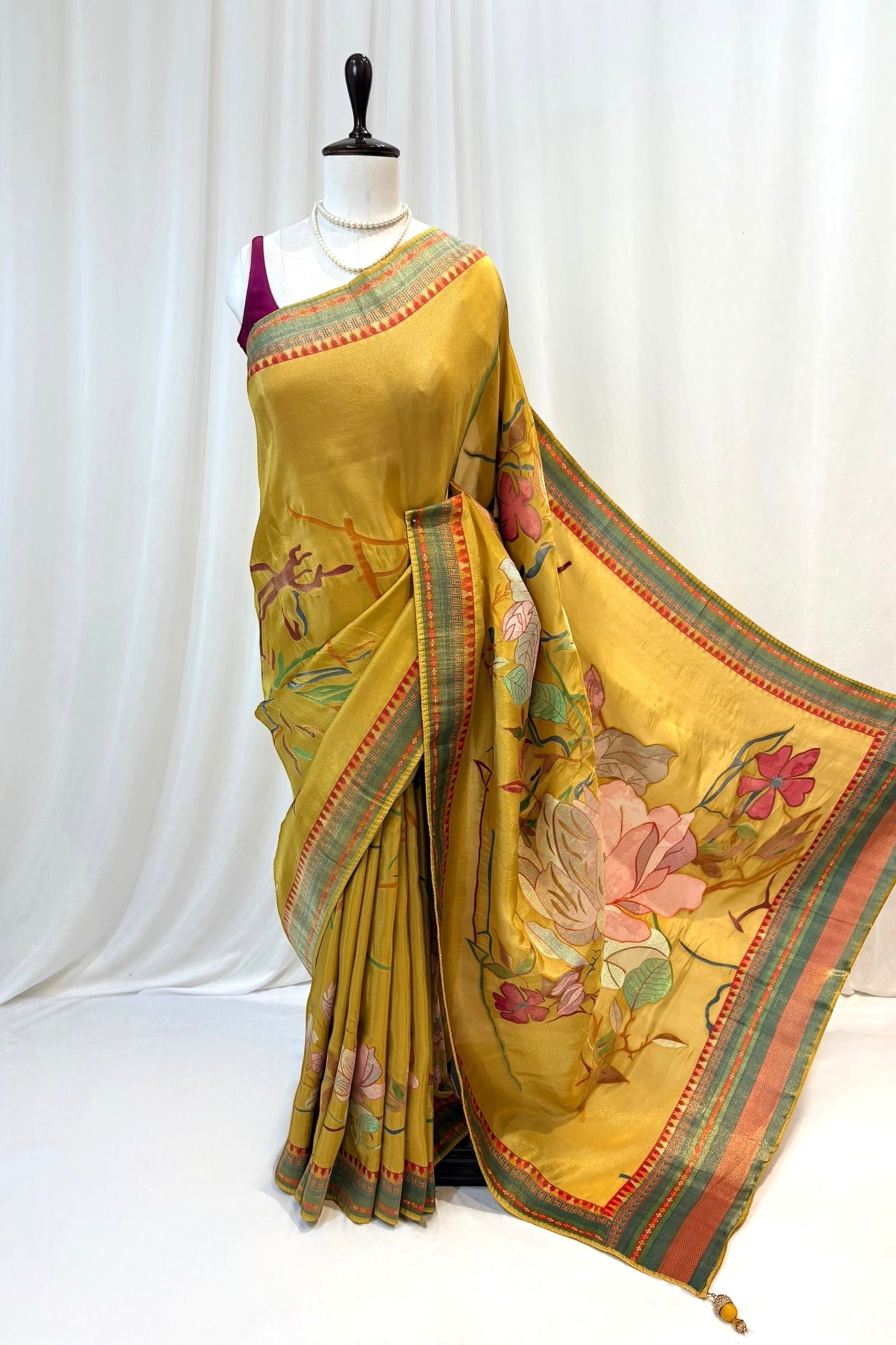 Floral tissue organza saree - Yellow