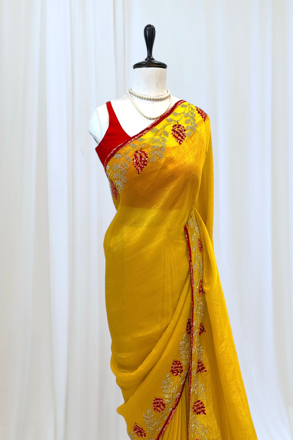 Haldi yellow soft organza saree -Leaf design