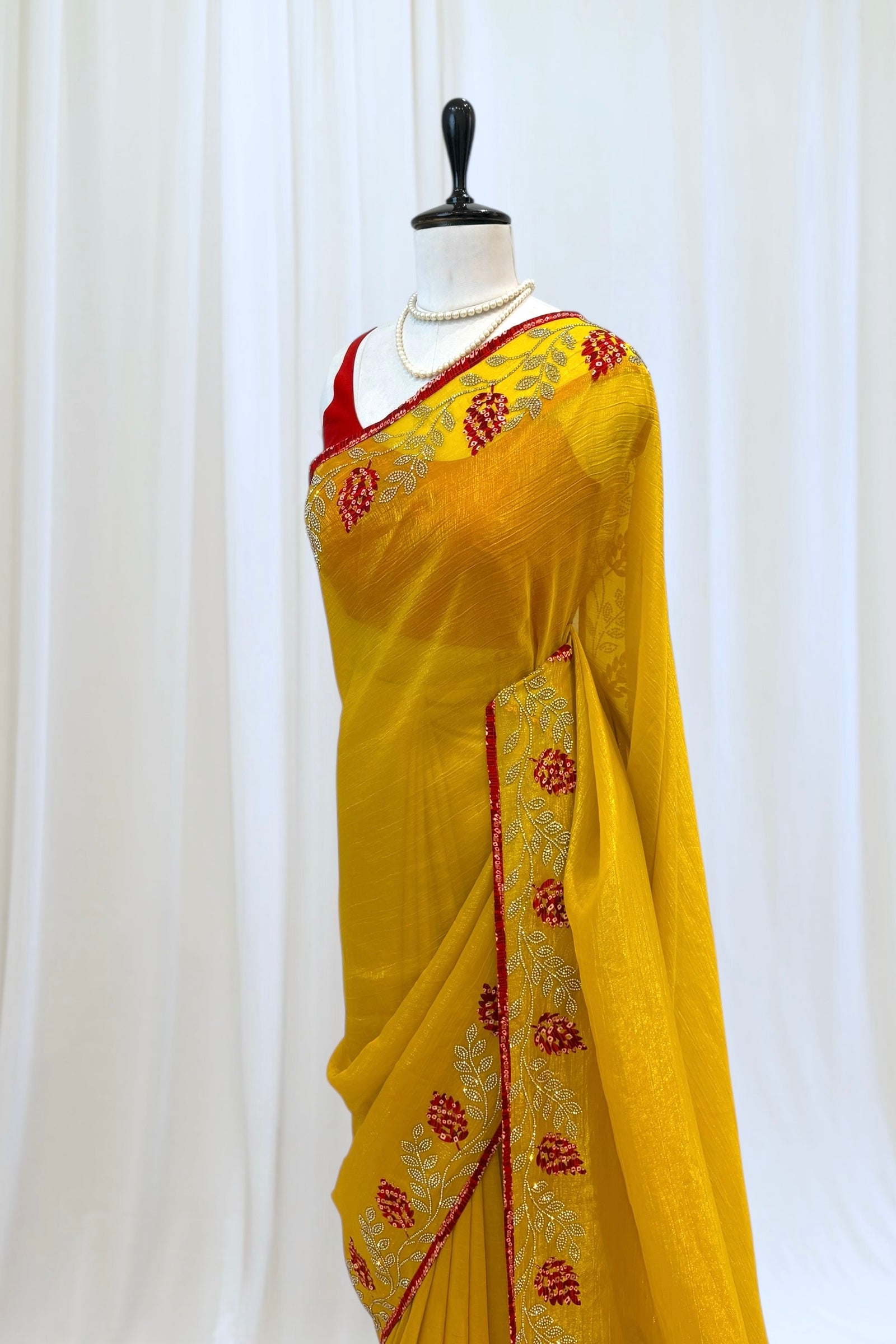Haldi yellow soft organza saree -Leaf design