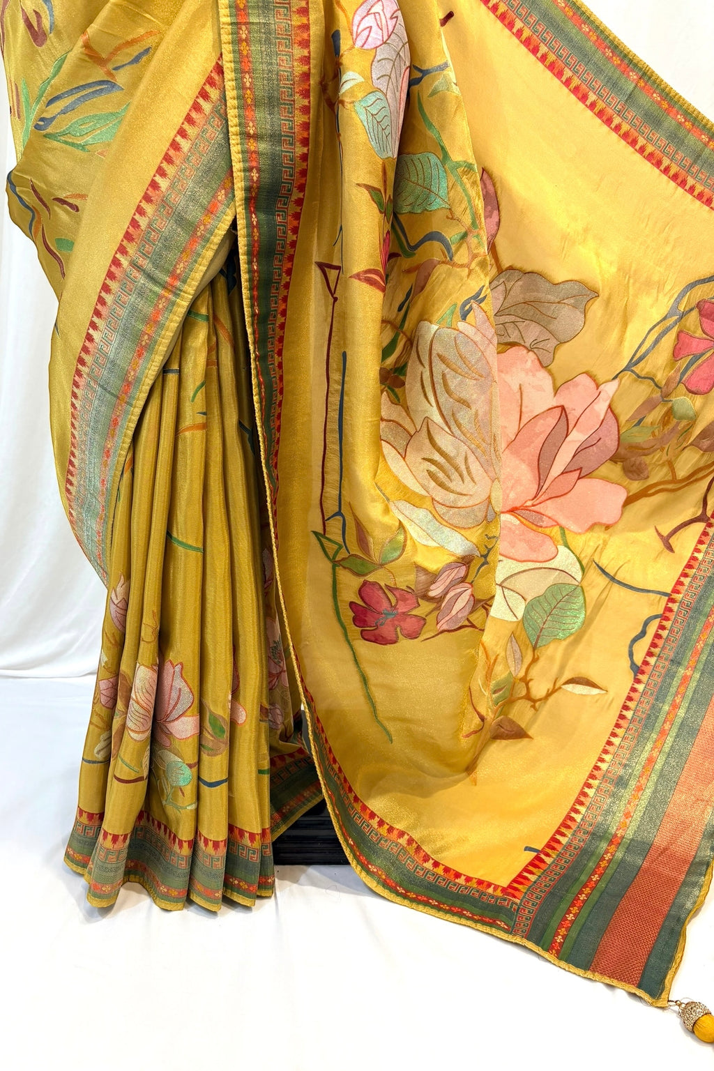 Floral tissue organza saree - Yellow