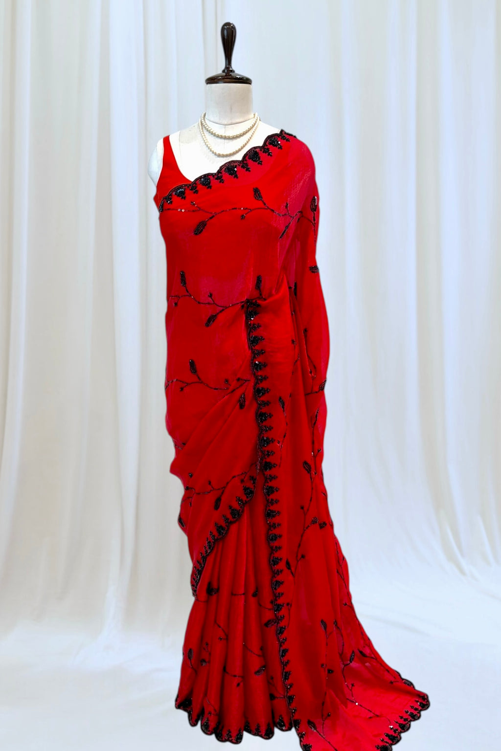 Soft fendy sheen embellished saree - Red