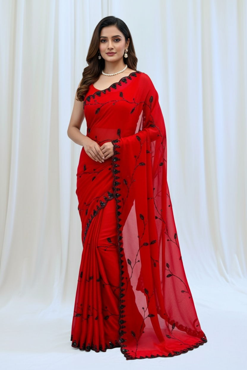 Soft fendy sheen embellished saree - Red