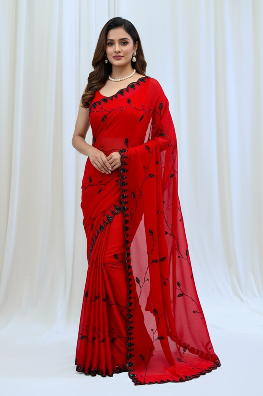 Soft fendy sheen embellished saree - Red