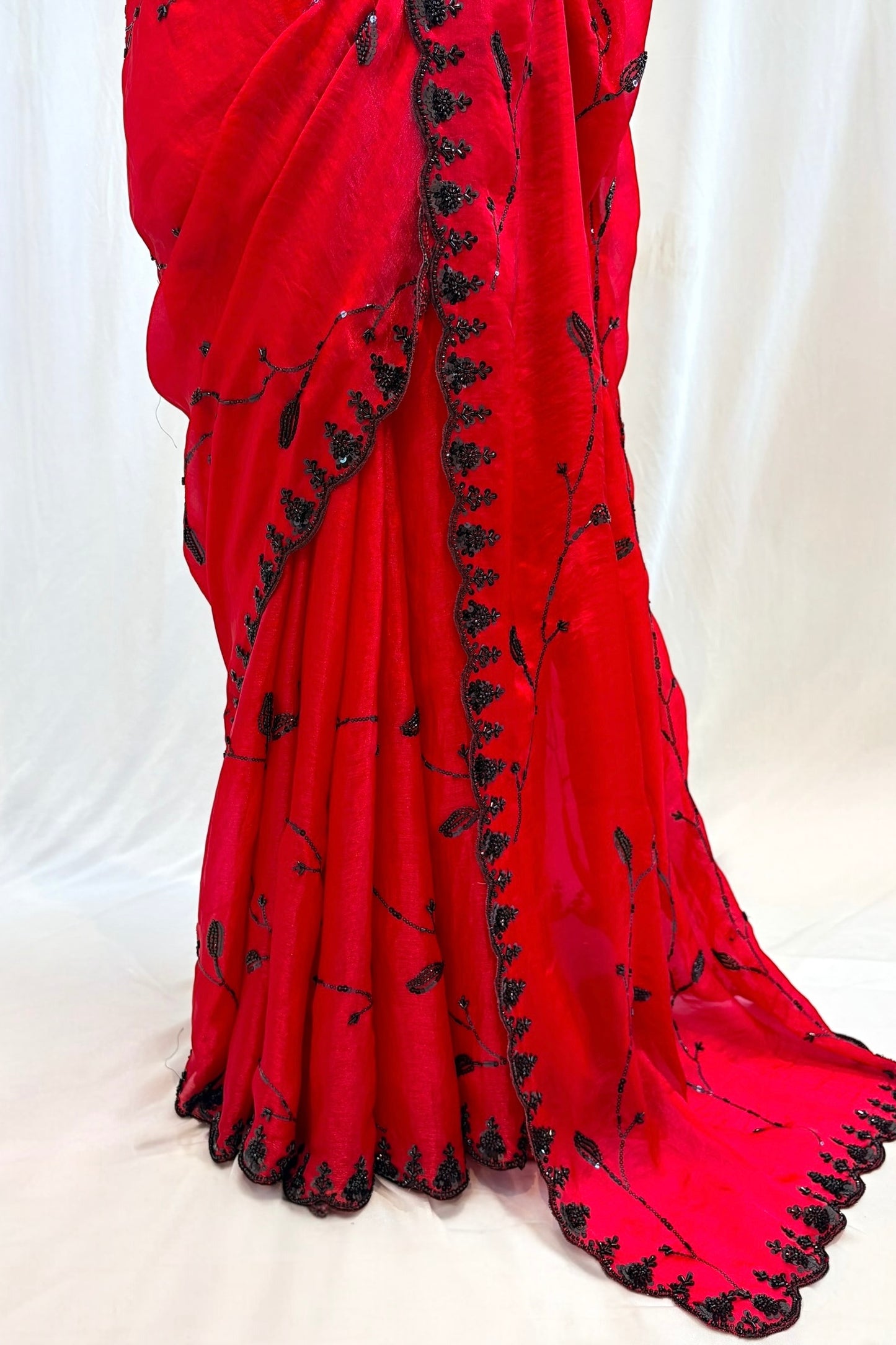 Soft fendy sheen embellished saree - Red