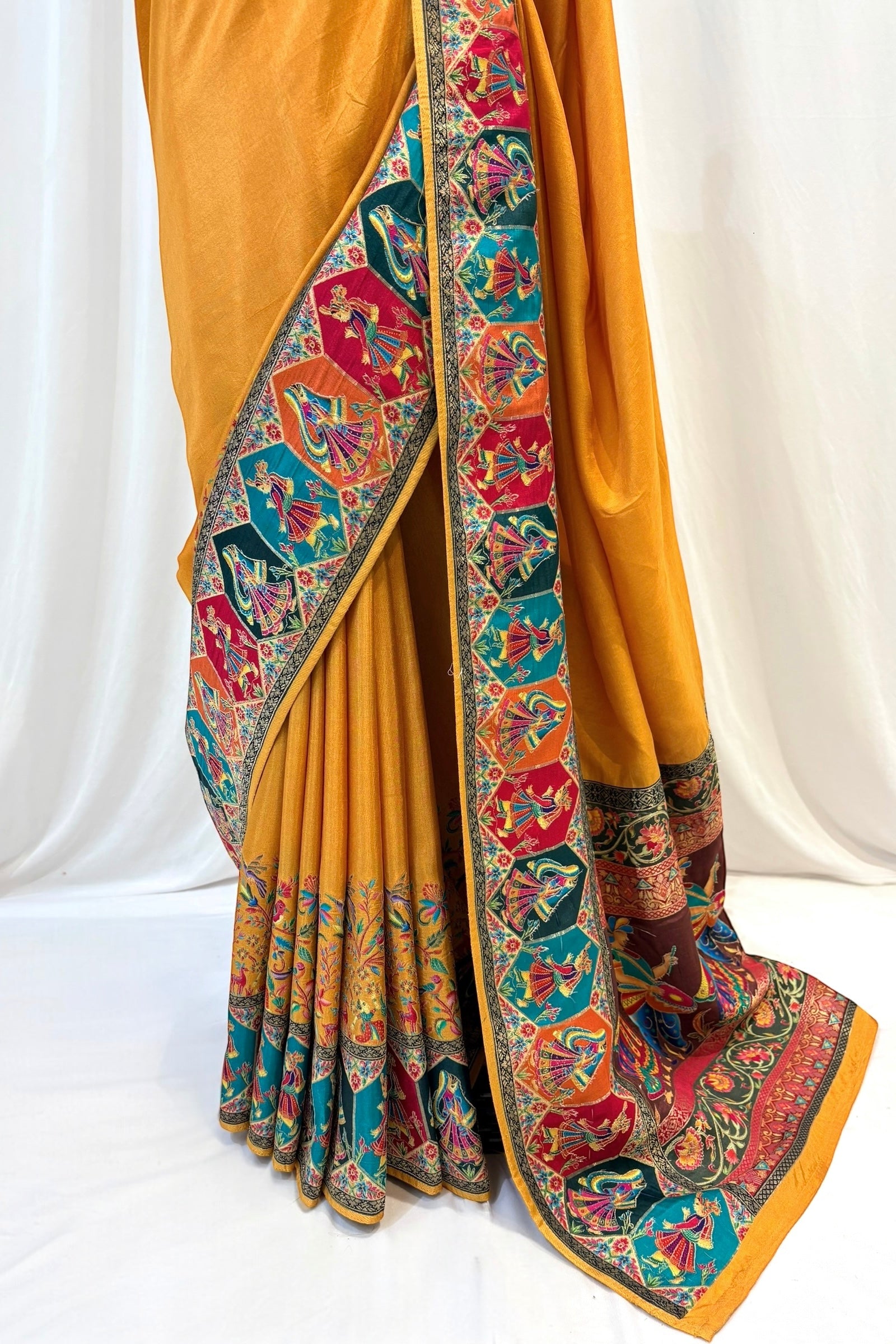 Position print soft silk saree - Mustard