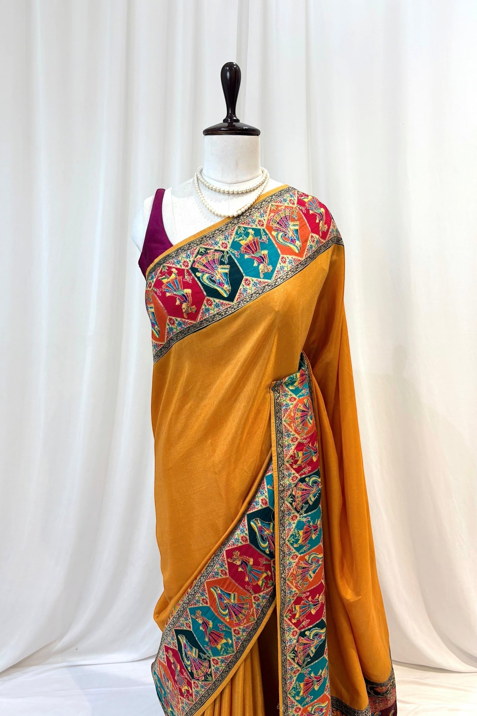 Position print soft silk saree - Mustard