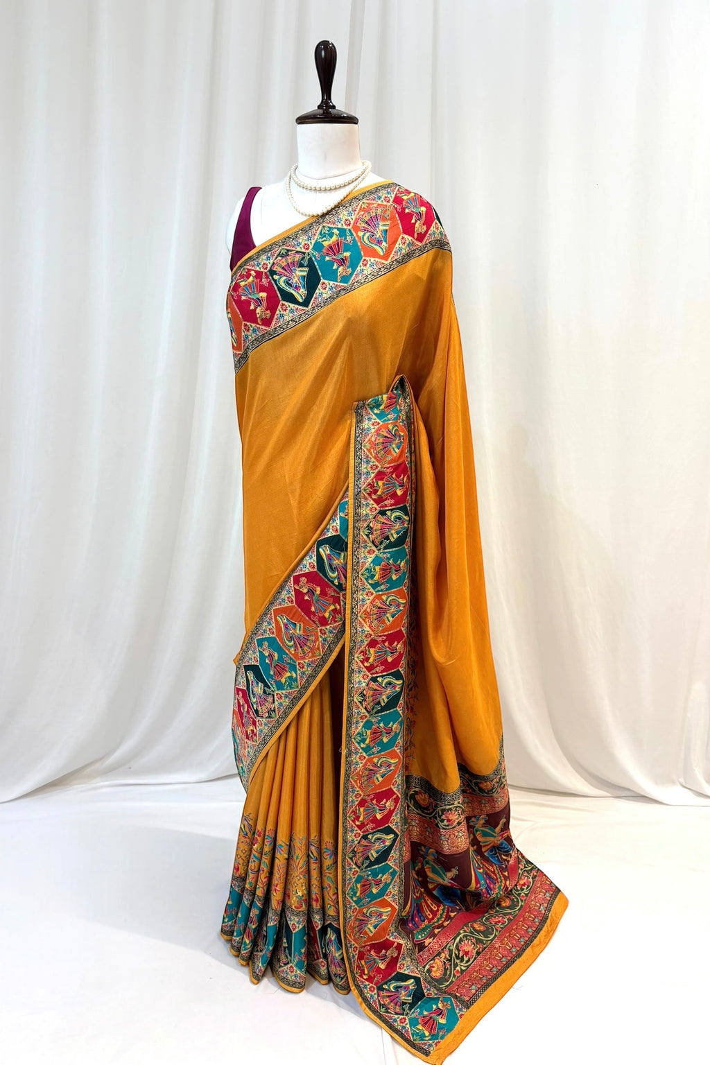 Position print soft silk saree - Mustard