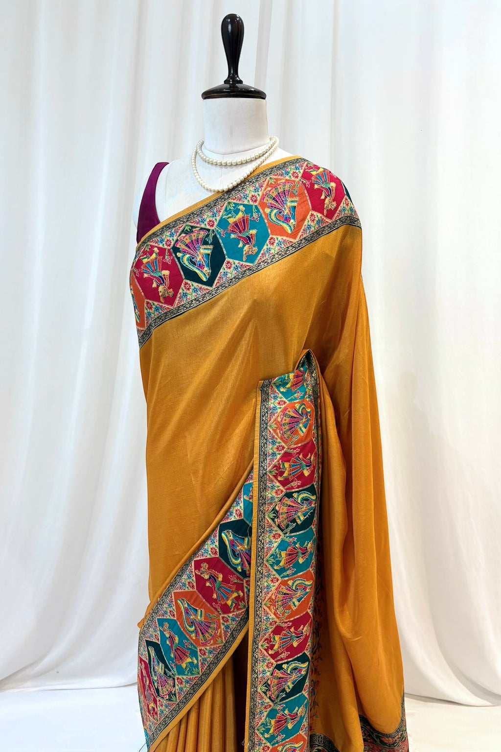 Position print soft silk saree - Mustard