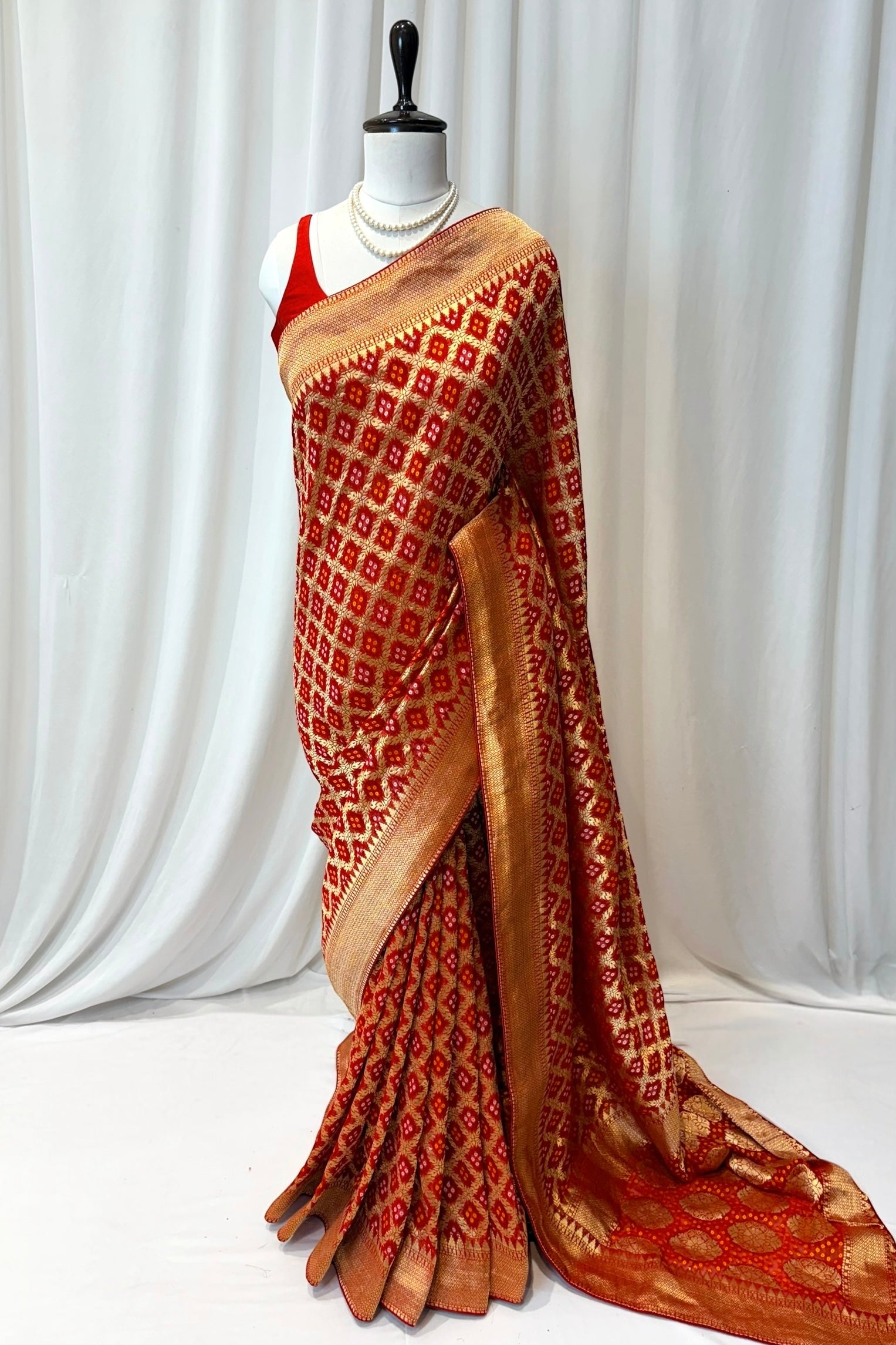 Red georgette zari bandhej saree