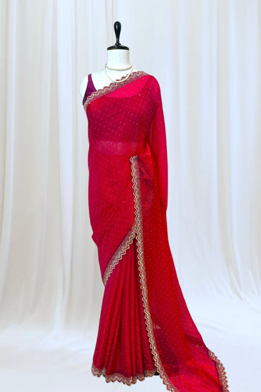 Shimmer chiffon swarovski saree - Crimson
