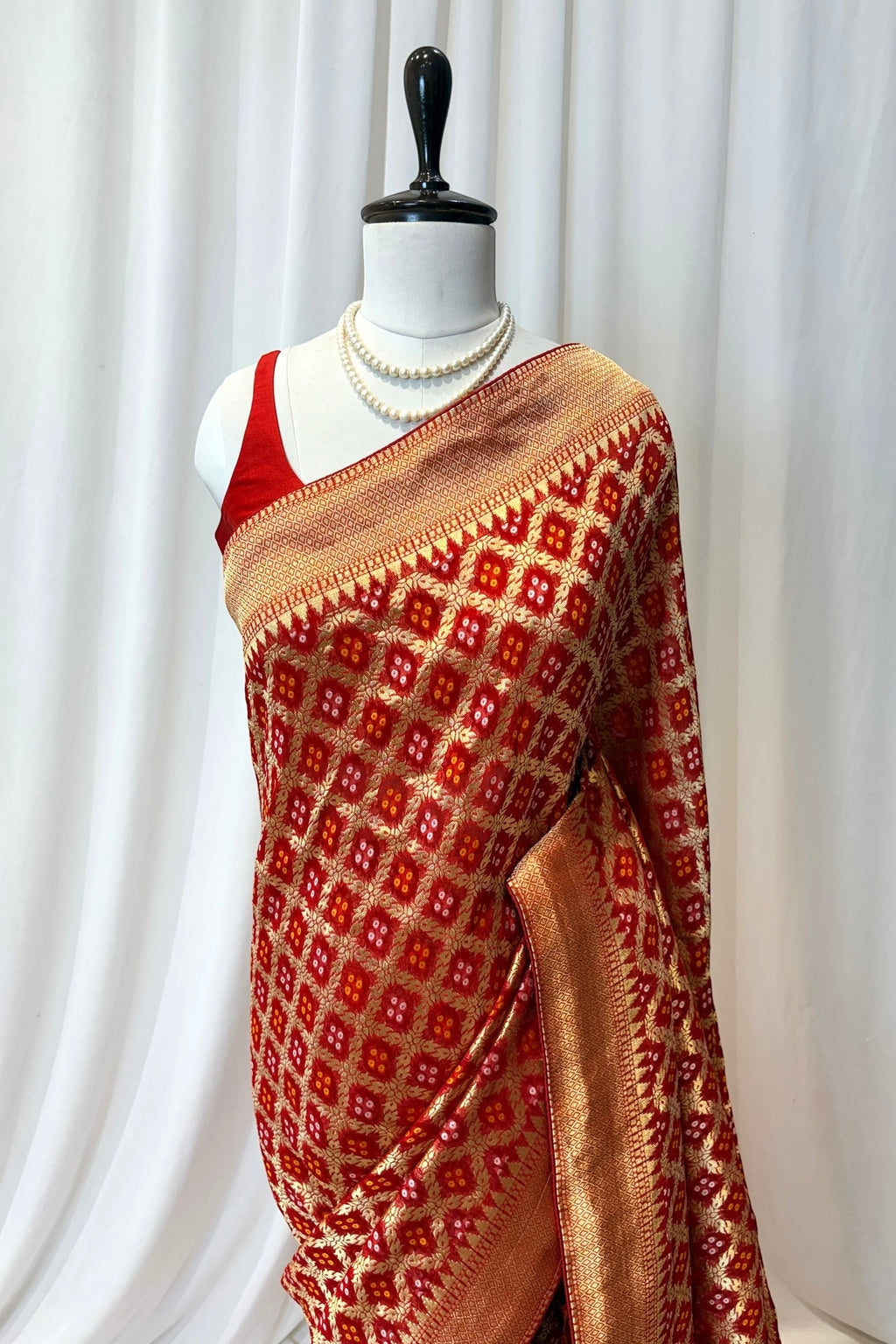 Red georgette zari bandhej saree