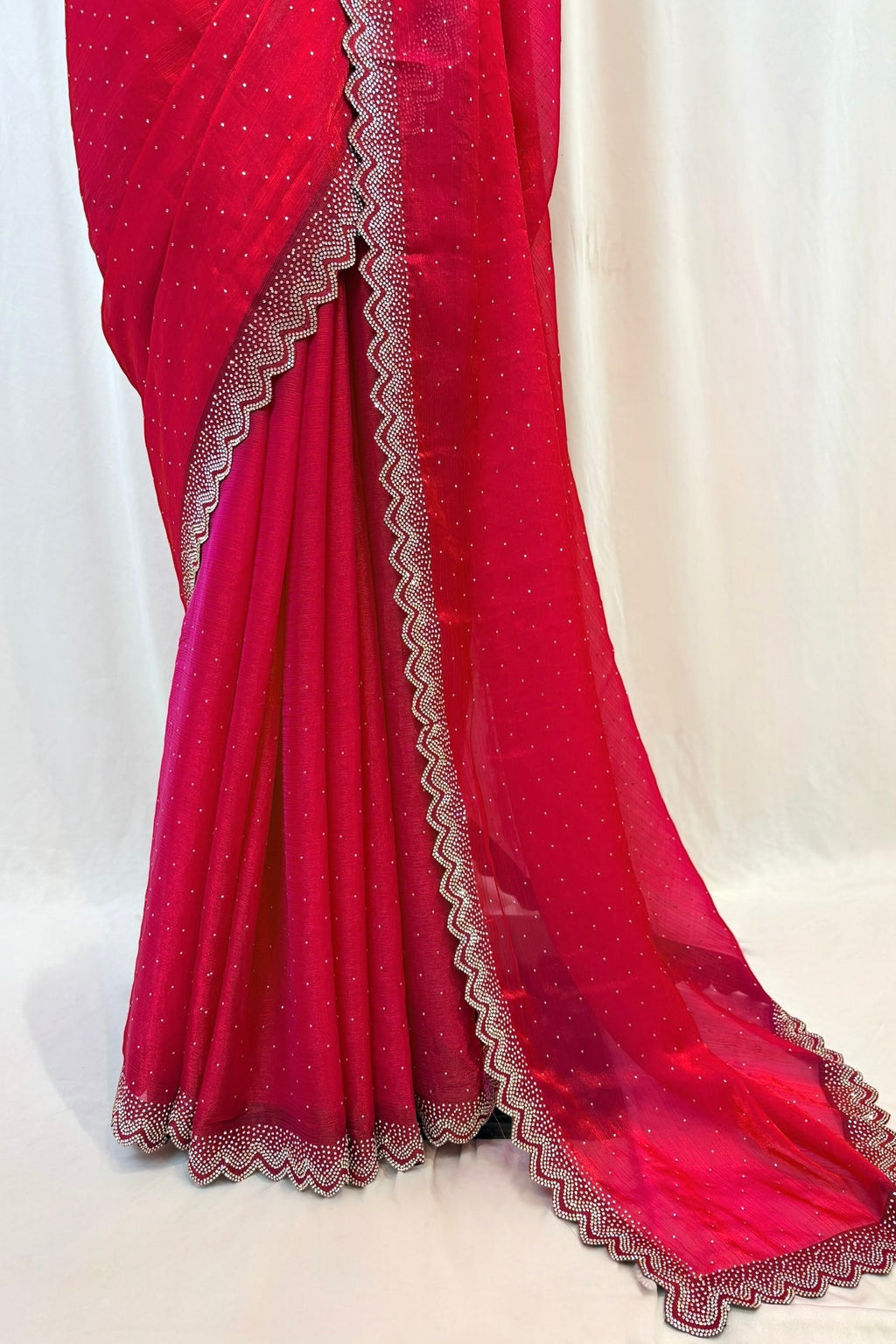 Shimmer chiffon swarovski saree - Crimson