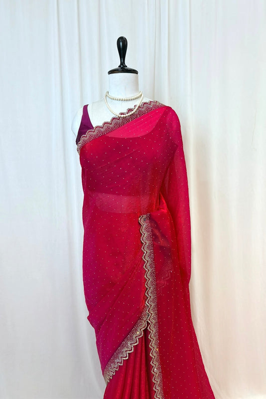 Shimmer chiffon swarovski saree - Crimson
