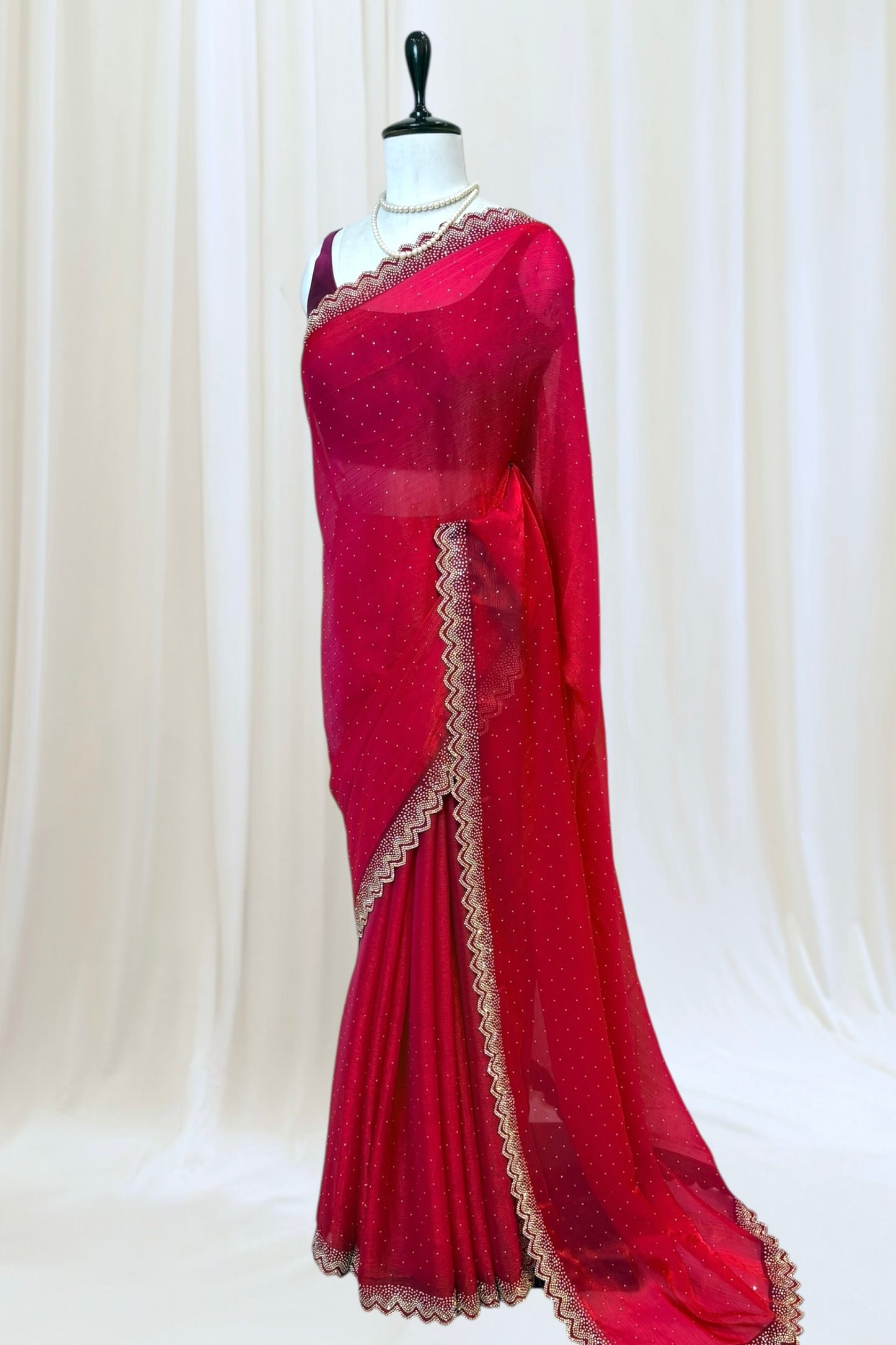 Shimmer chiffon swarovski saree - Crimson