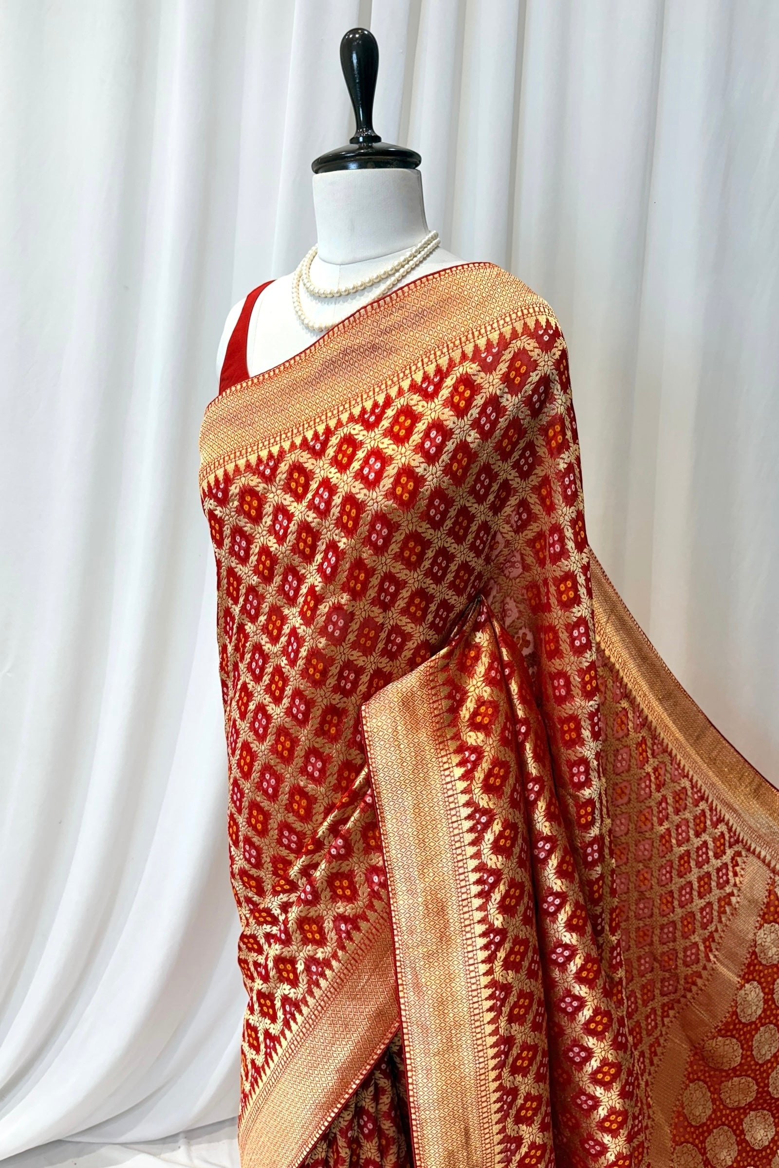 Red georgette zari bandhej saree