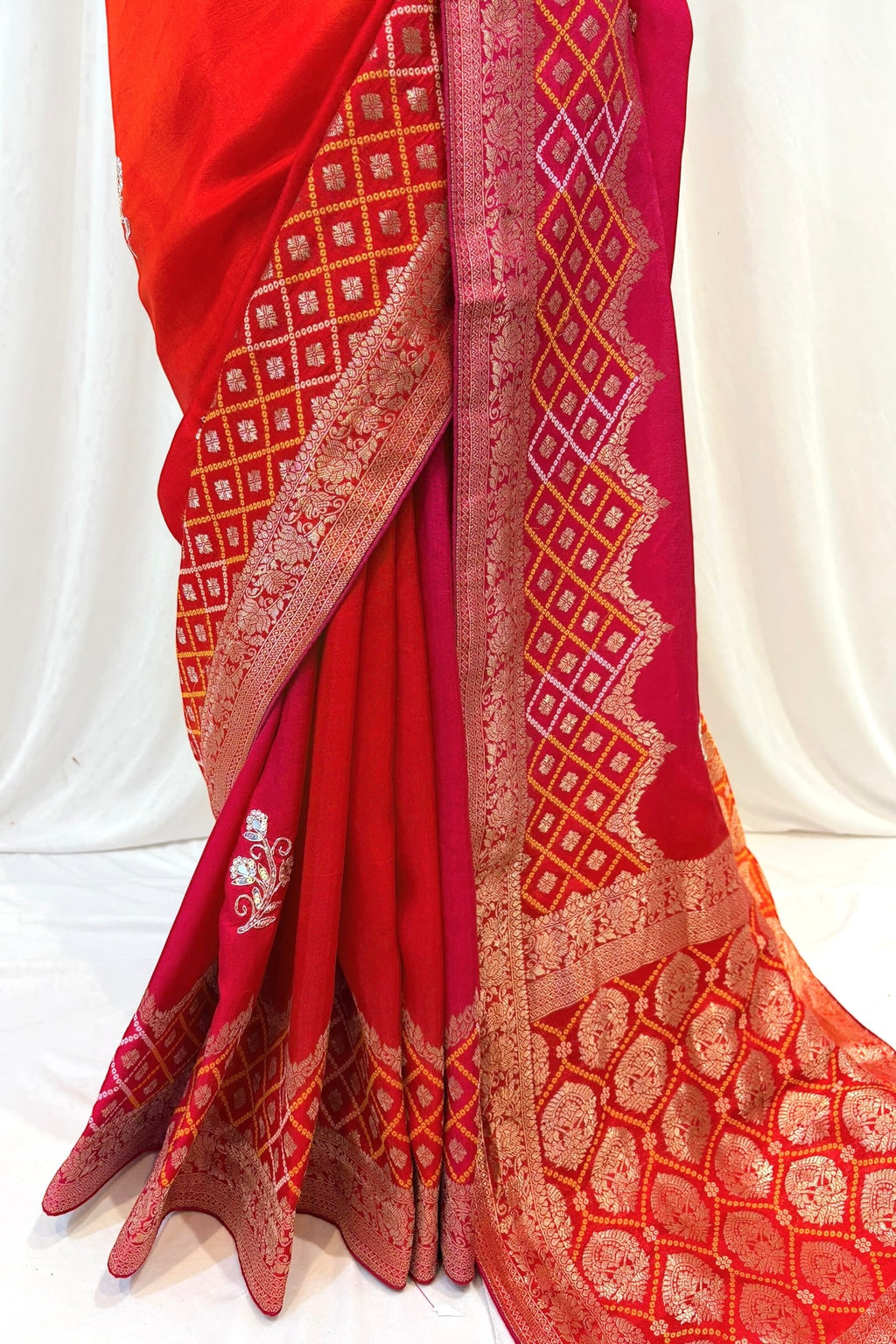 Orange-pink shaded pure dola silk saree