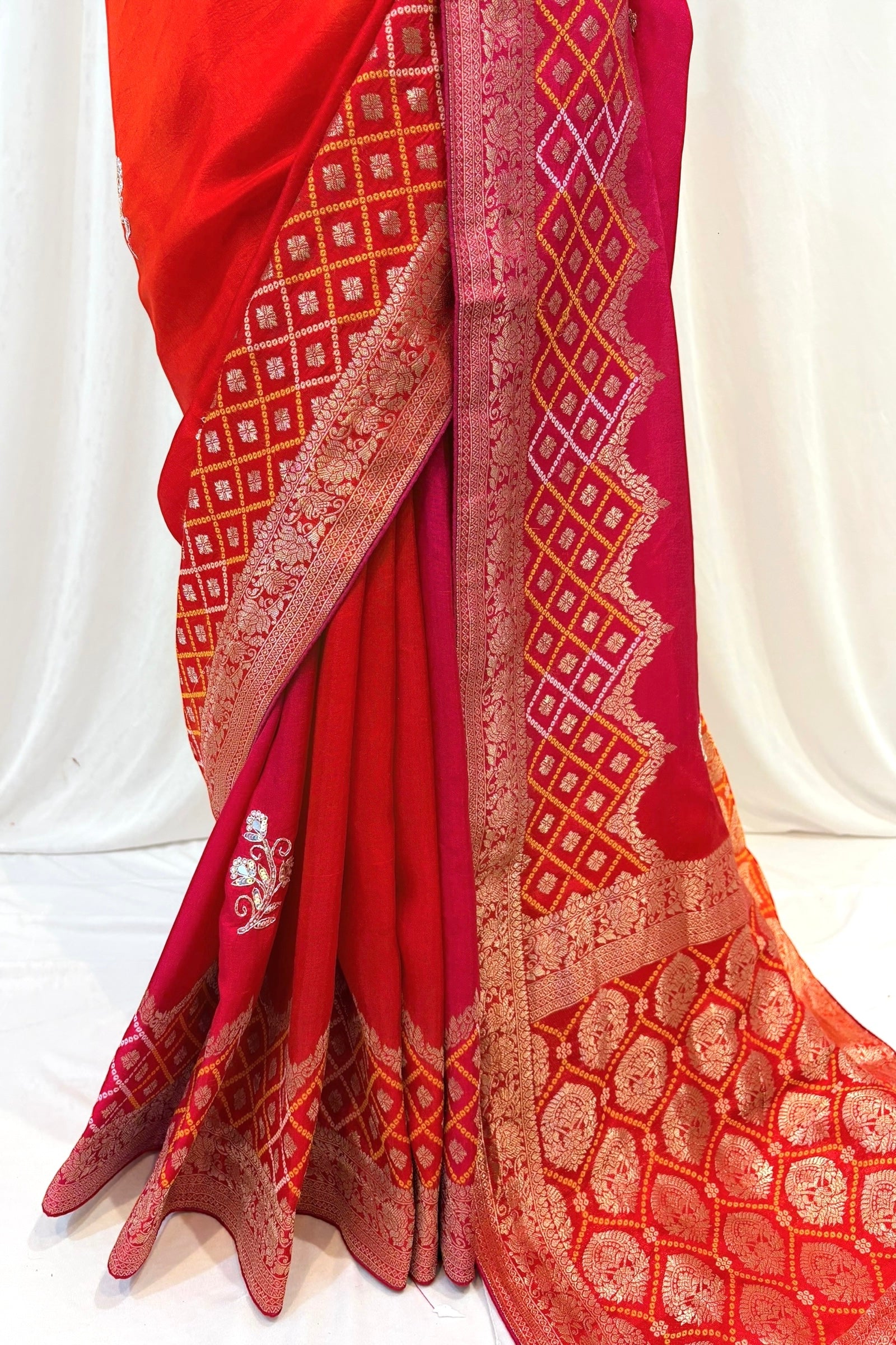Orange-pink shaded pure dola silk saree
