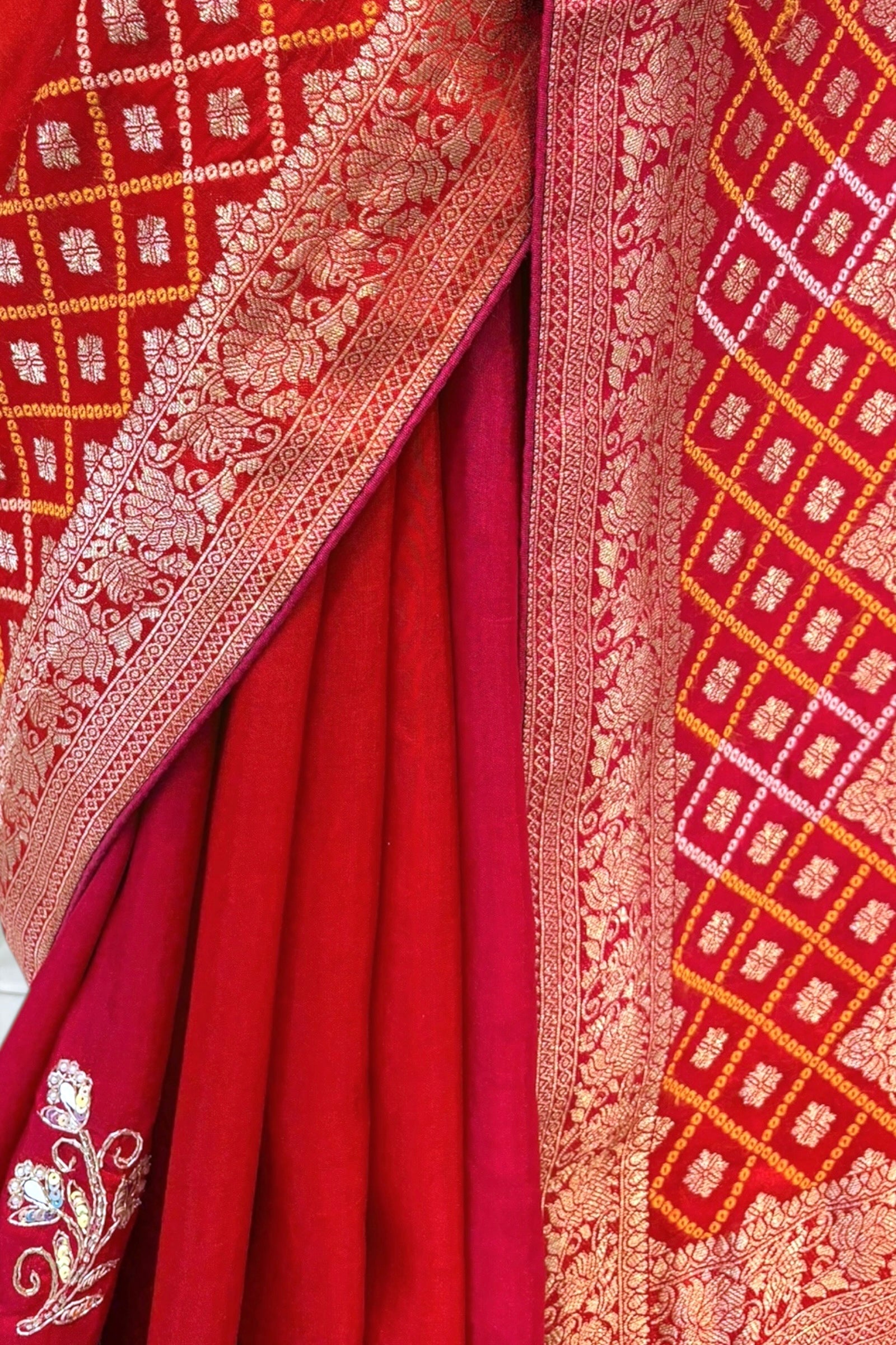 Orange-pink shaded pure dola silk saree