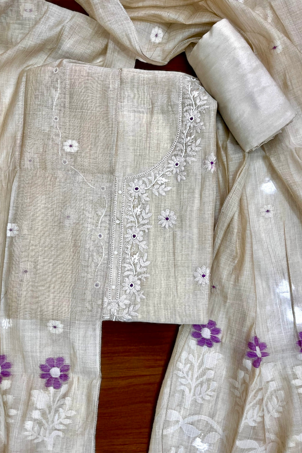 Pure linen embroidered unstitched suit set - Purple