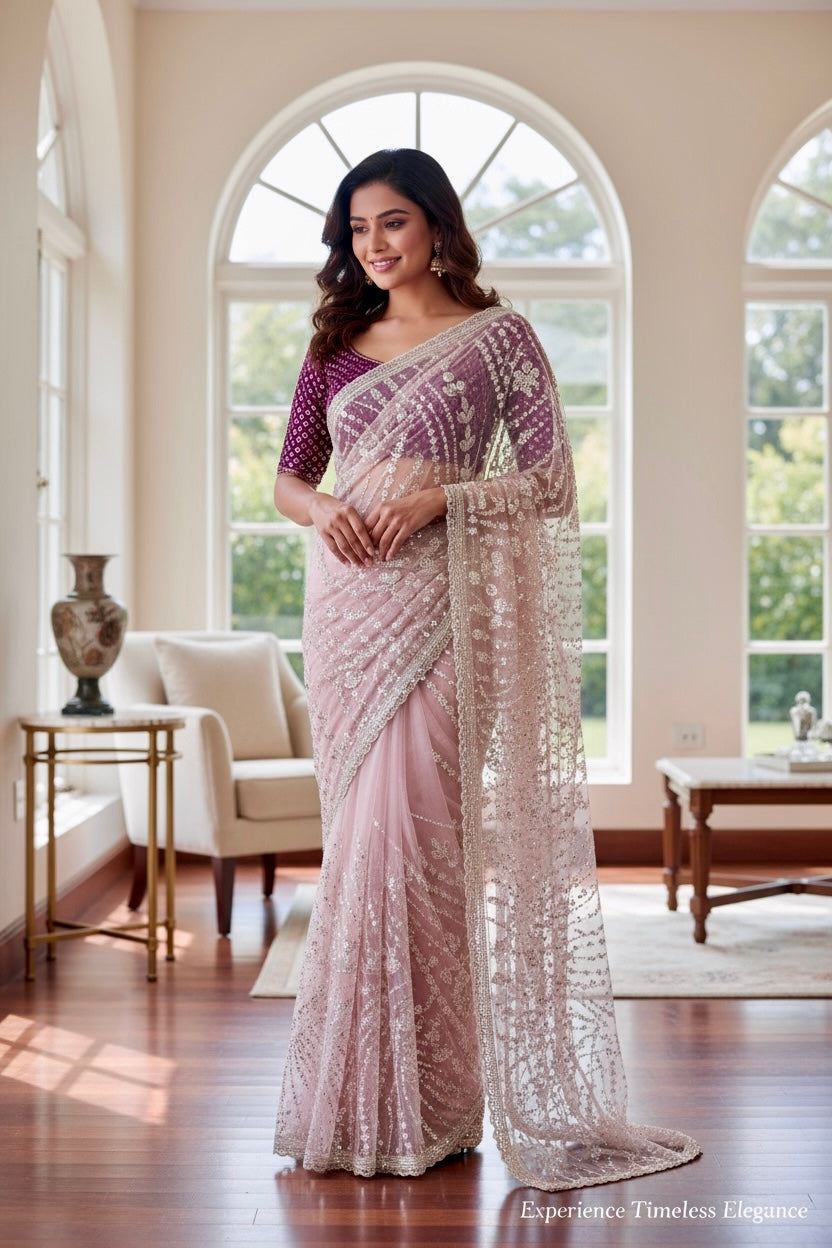 Pink sequins embellished net saree
