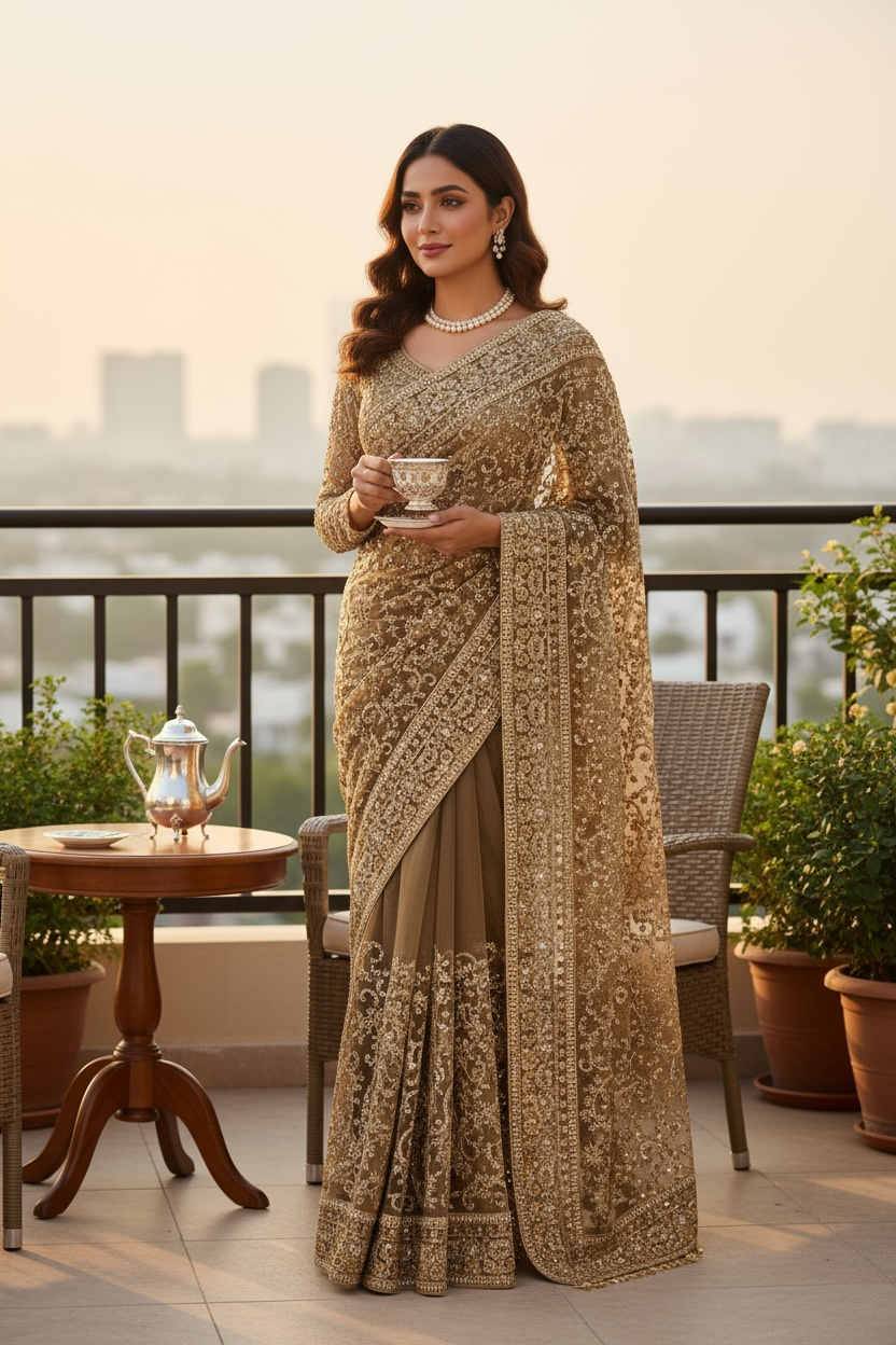 Golden embellished net saree