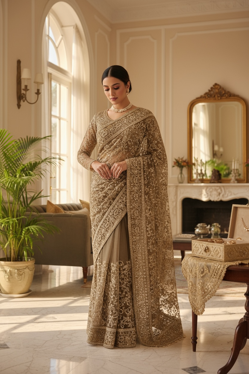 Golden embellished net saree