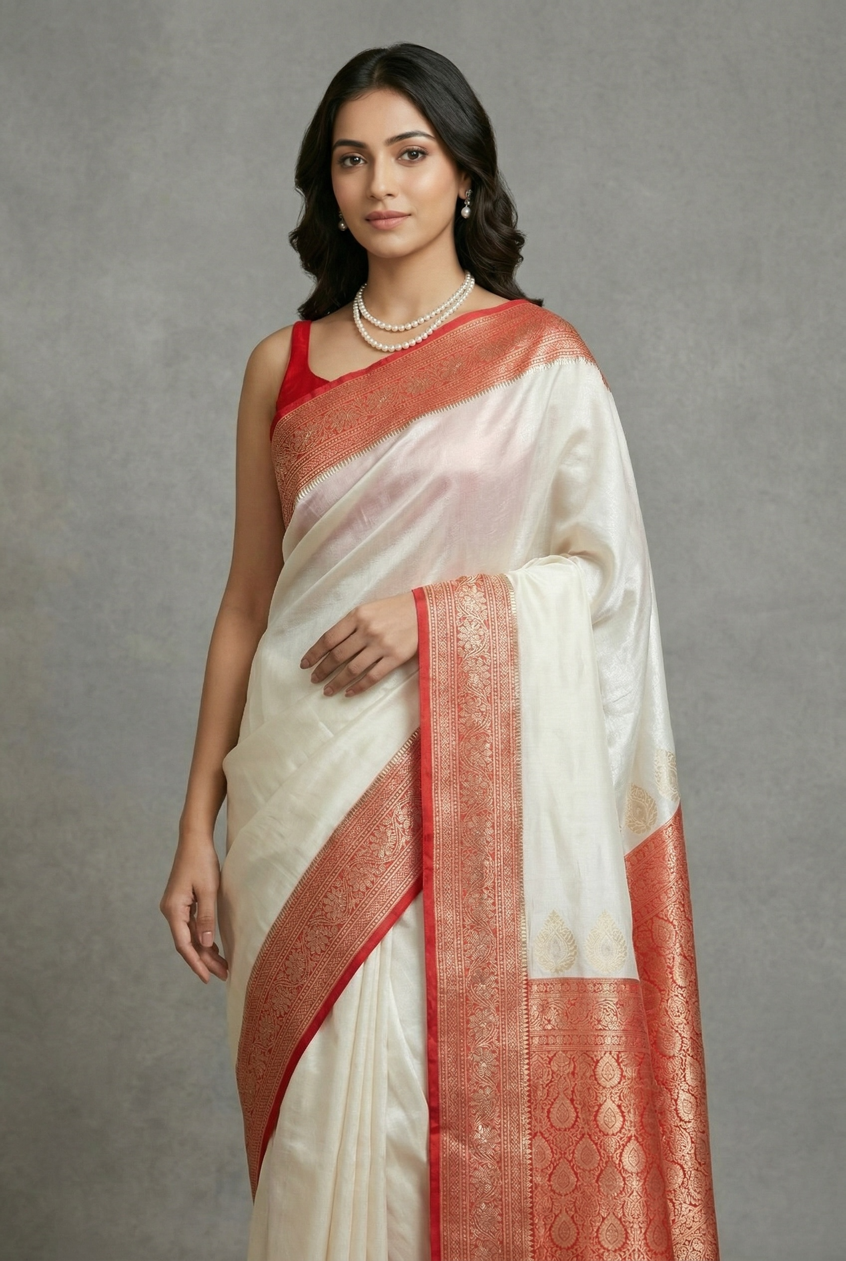 White Red Bengali saree