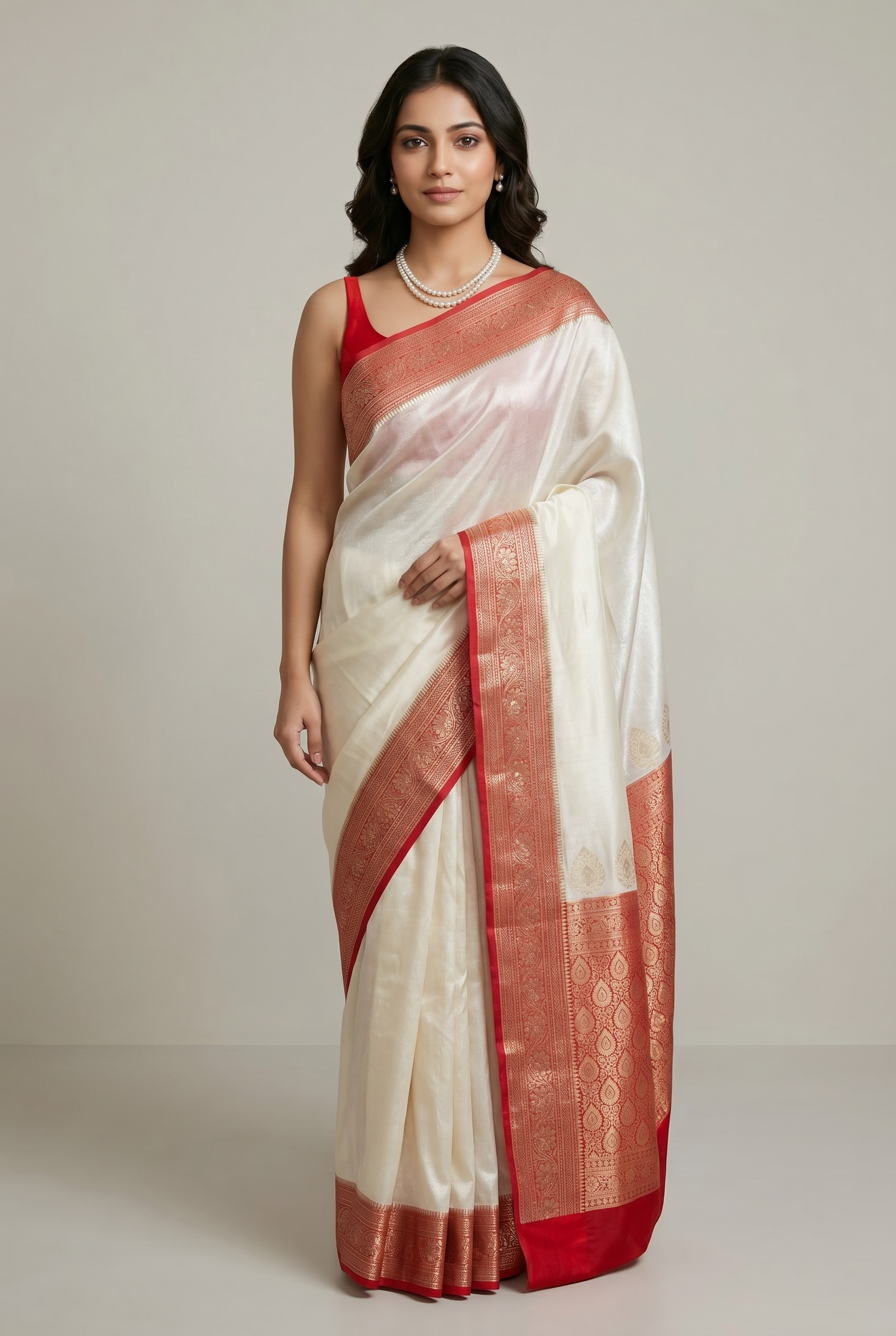 White Red Bengali saree