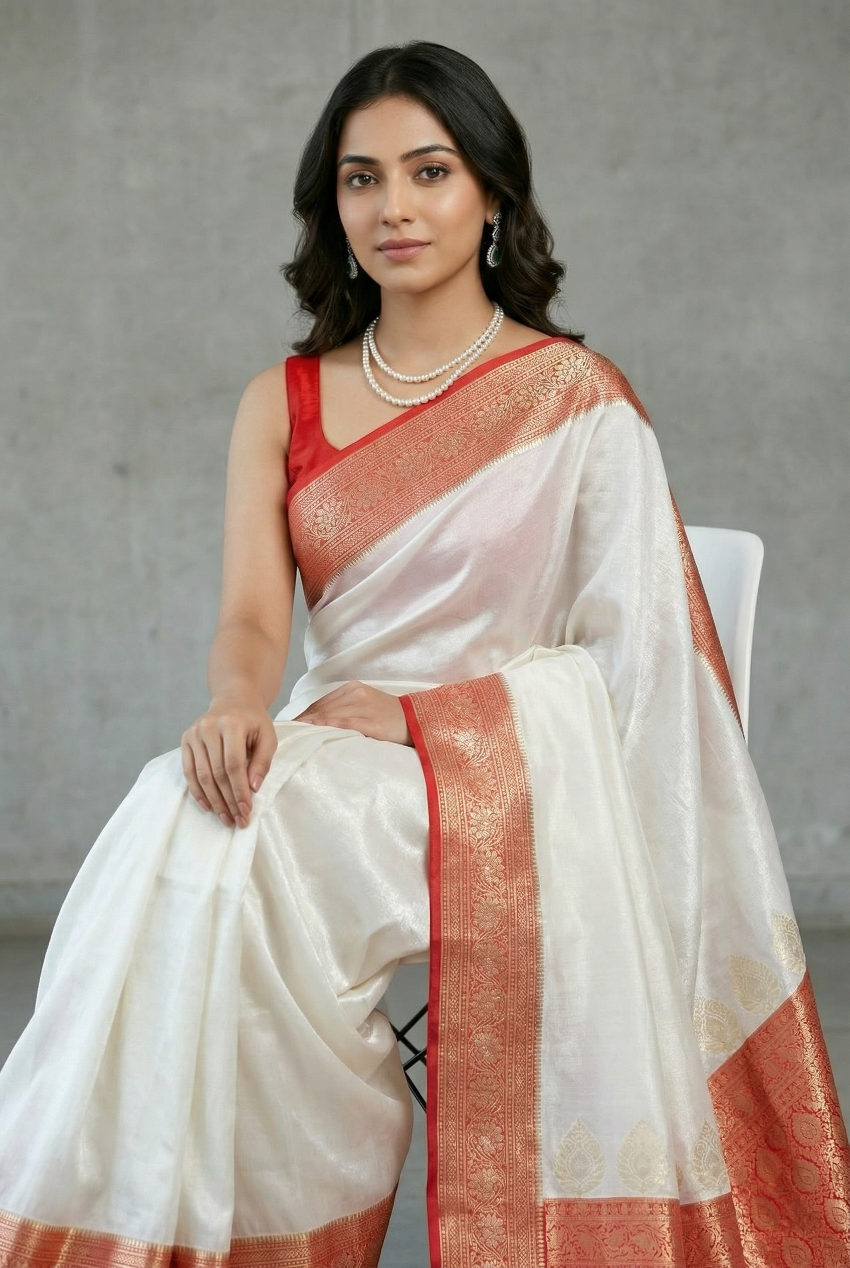 White Red Bengali saree