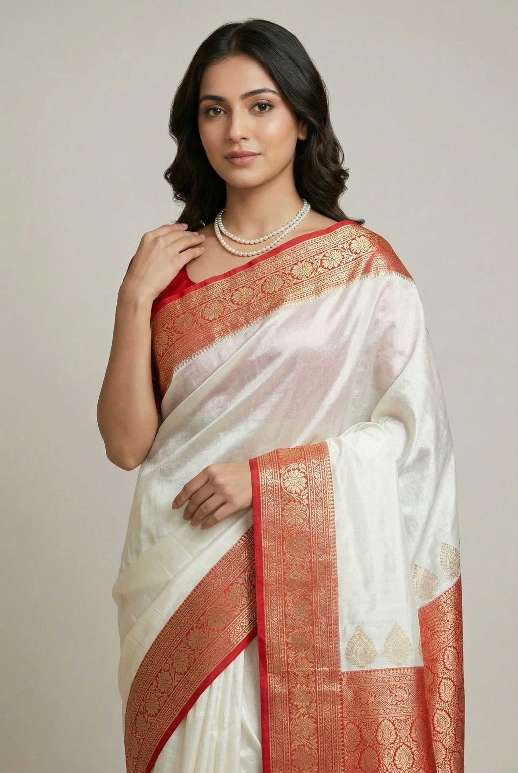 White Red Bengali saree