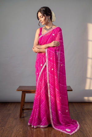 Georgette bandhani print gotta work saree - Pink