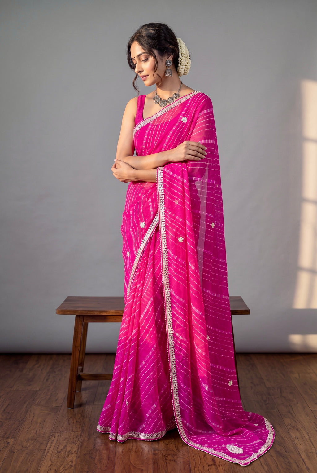 Georgette bandhani print gotta work saree - Pink
