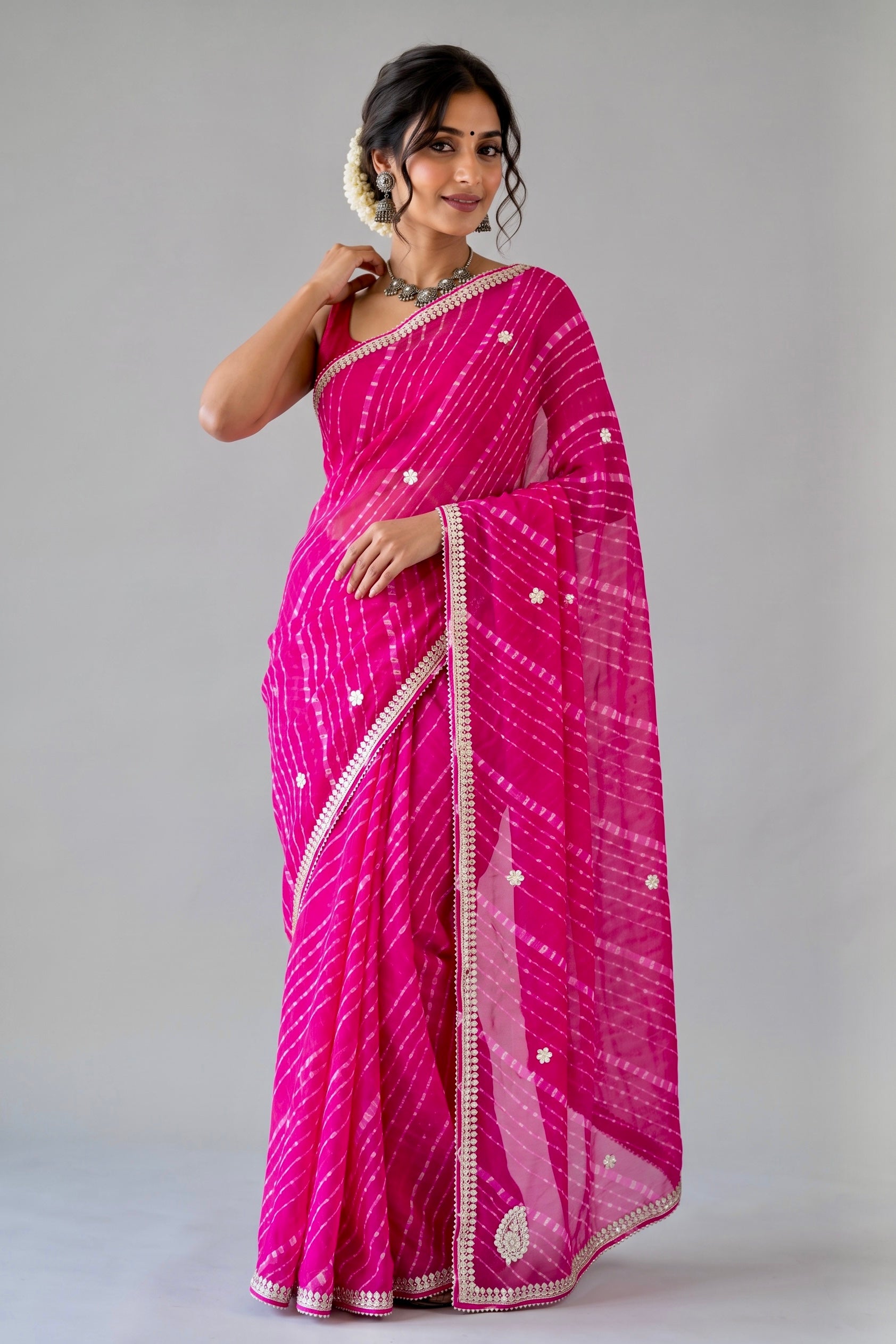 Georgette bandhani print gotta work saree - Pink