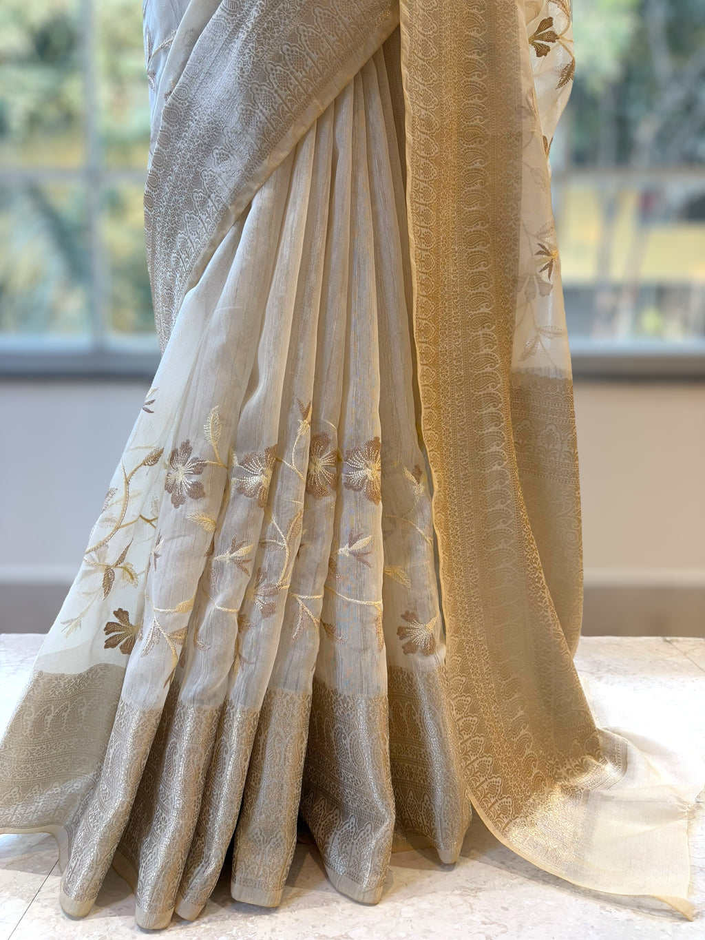 Floral embroidered threadwork saree - Golden