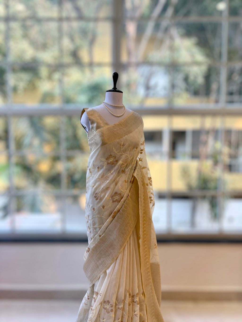 Floral embroidered threadwork saree - Golden