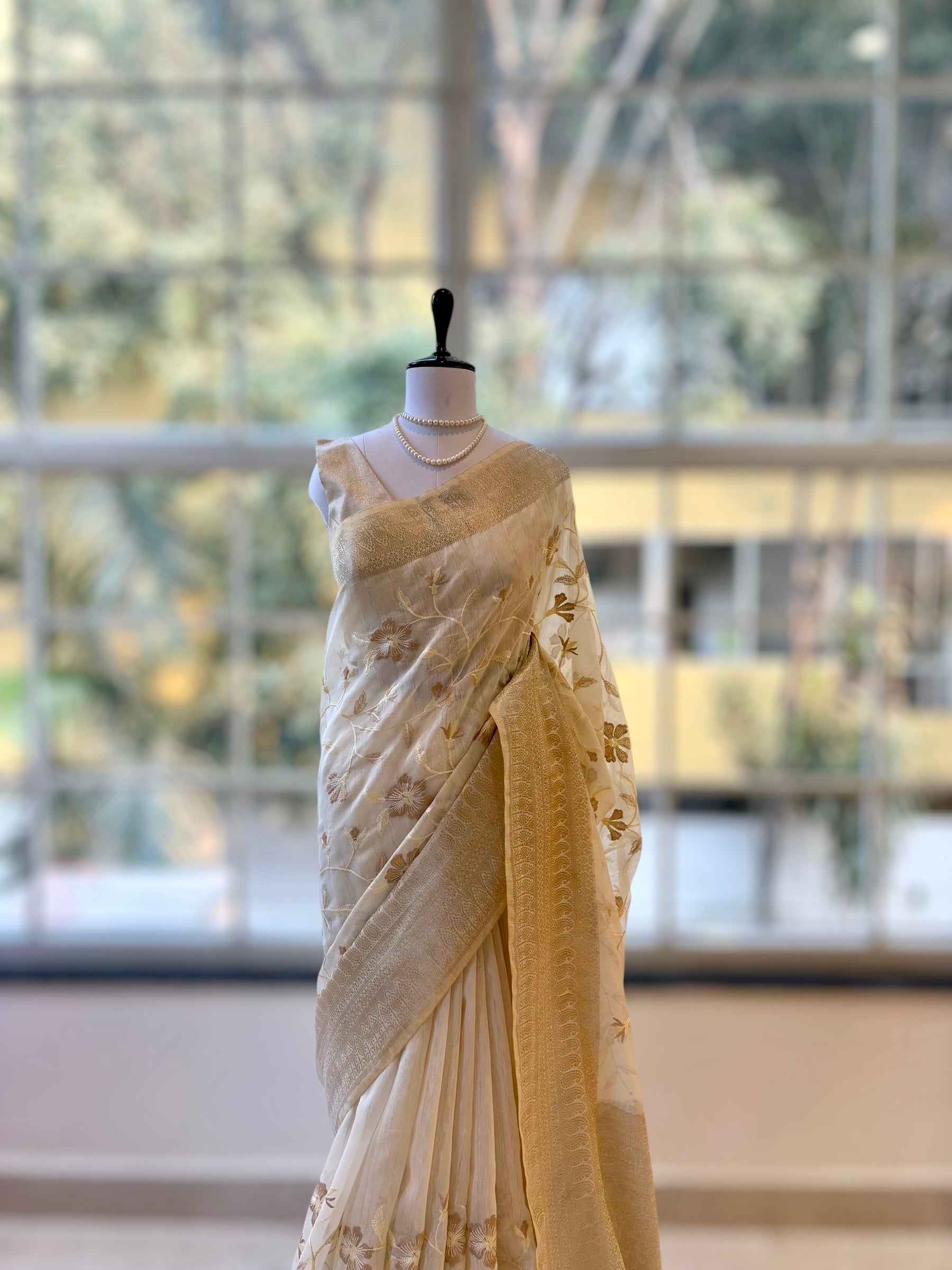 Floral embroidered threadwork saree - Golden