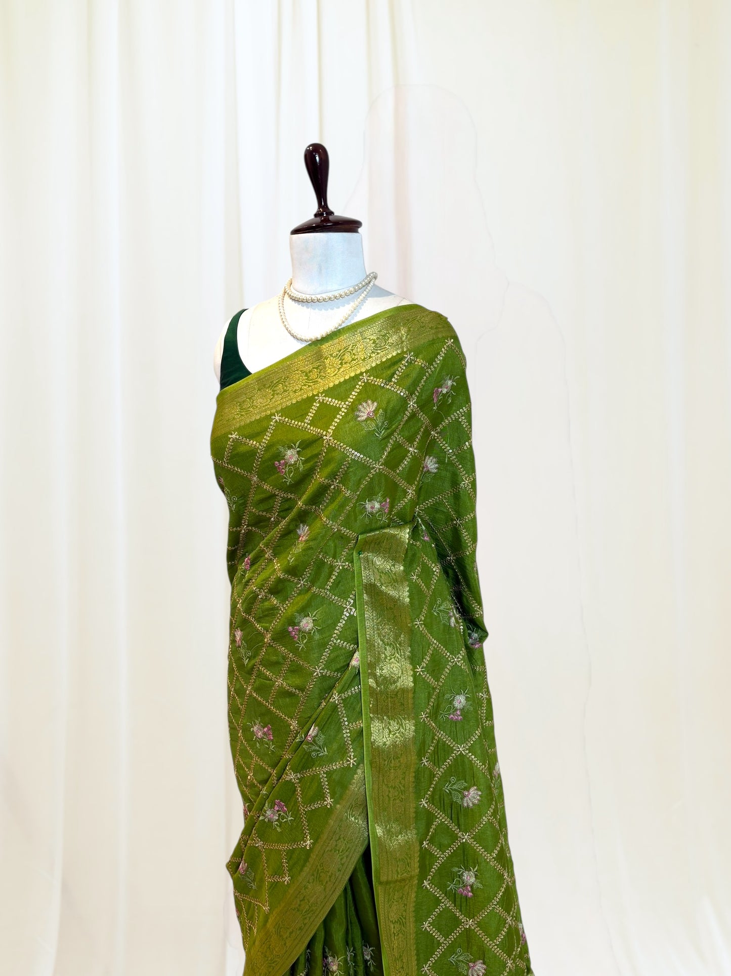 Pure Dola Silk Embroidered Saree - Parrot Green