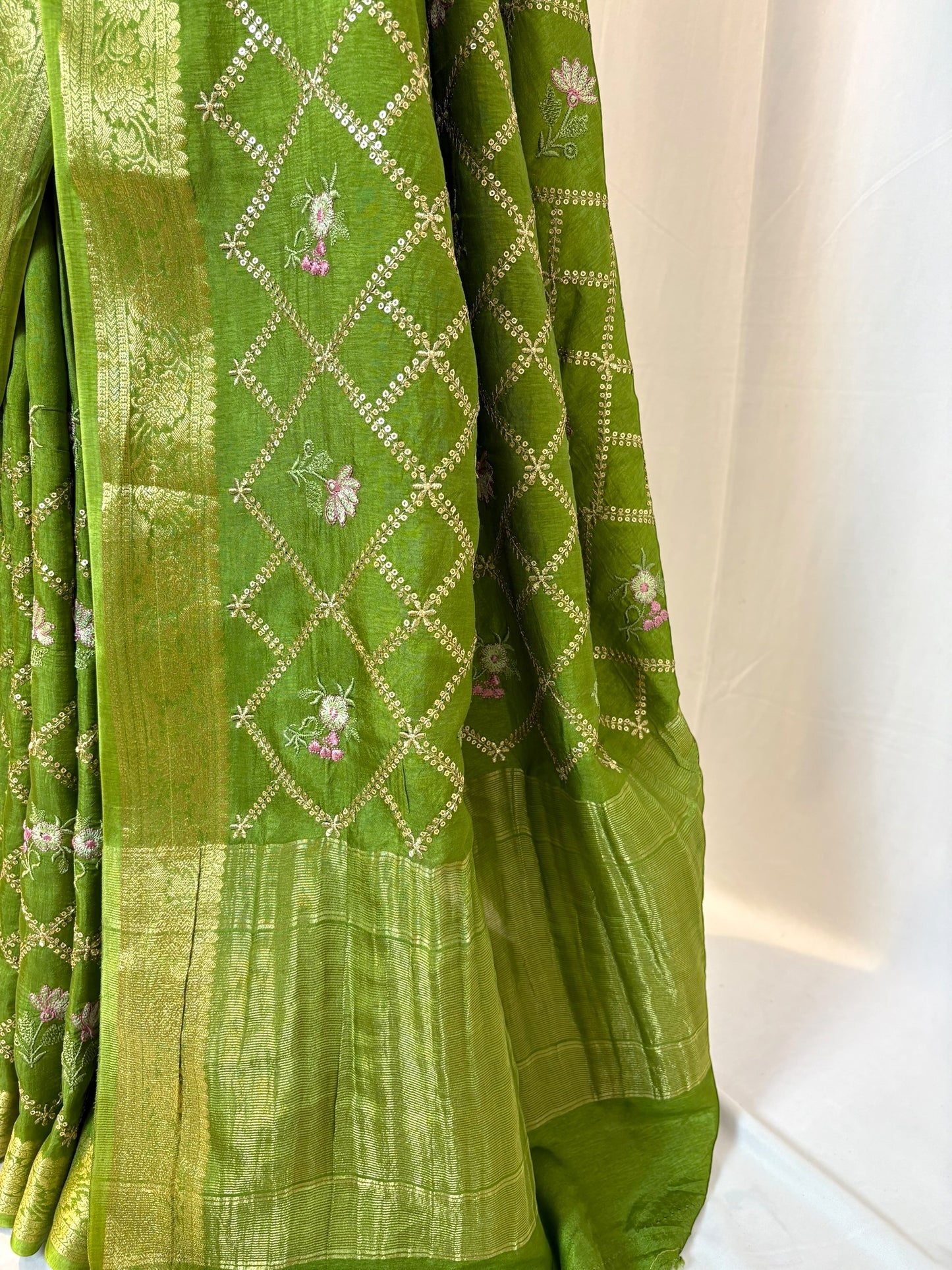 Pure Dola Silk Embroidered Saree - Parrot Green