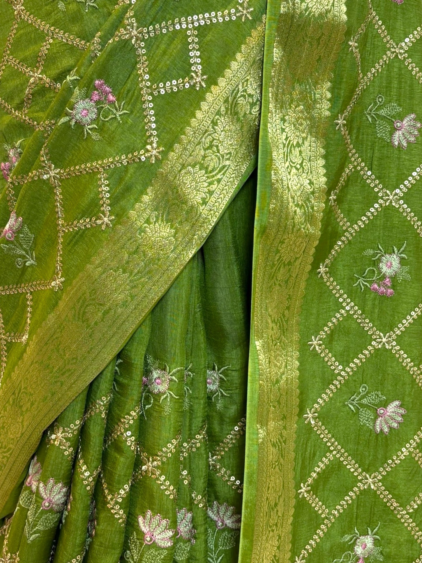 Pure Dola Silk Embroidered Saree - Parrot Green