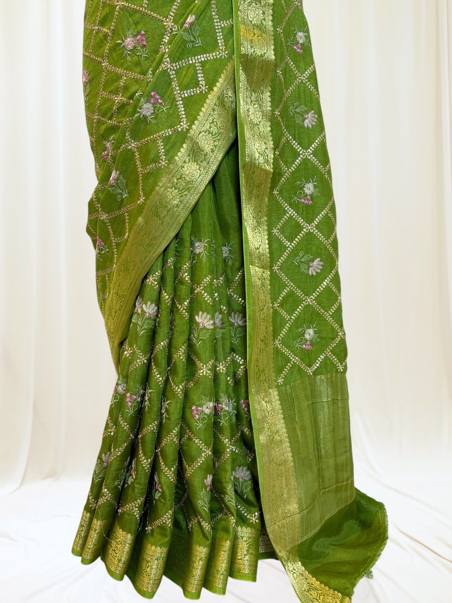 Pure Dola Silk Embroidered Saree - Parrot Green