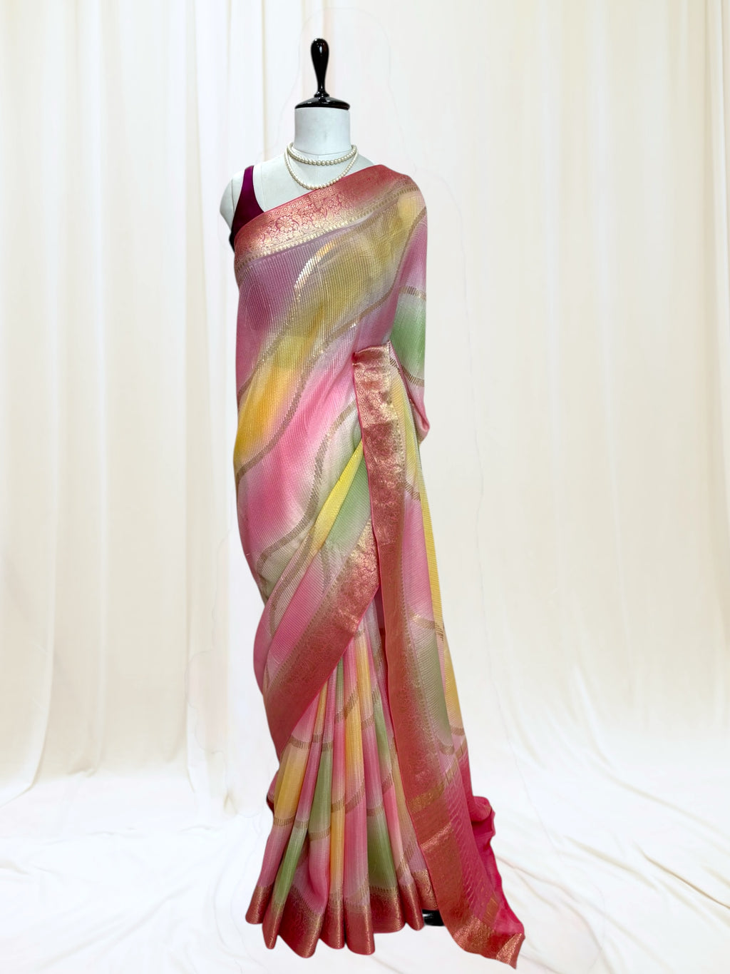 Multicolour Chiffon Threadwork Saree - Pink