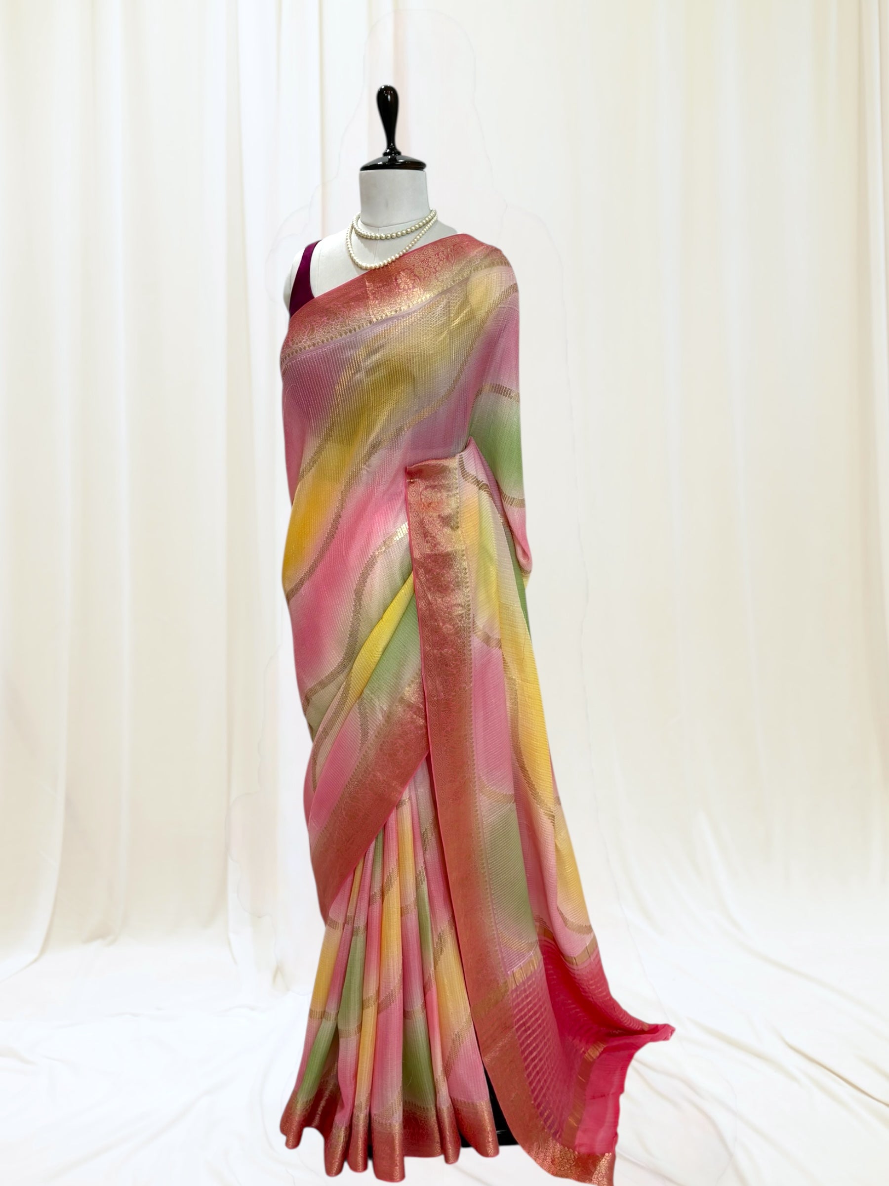 Multicolour Chiffon Threadwork Saree - Pink