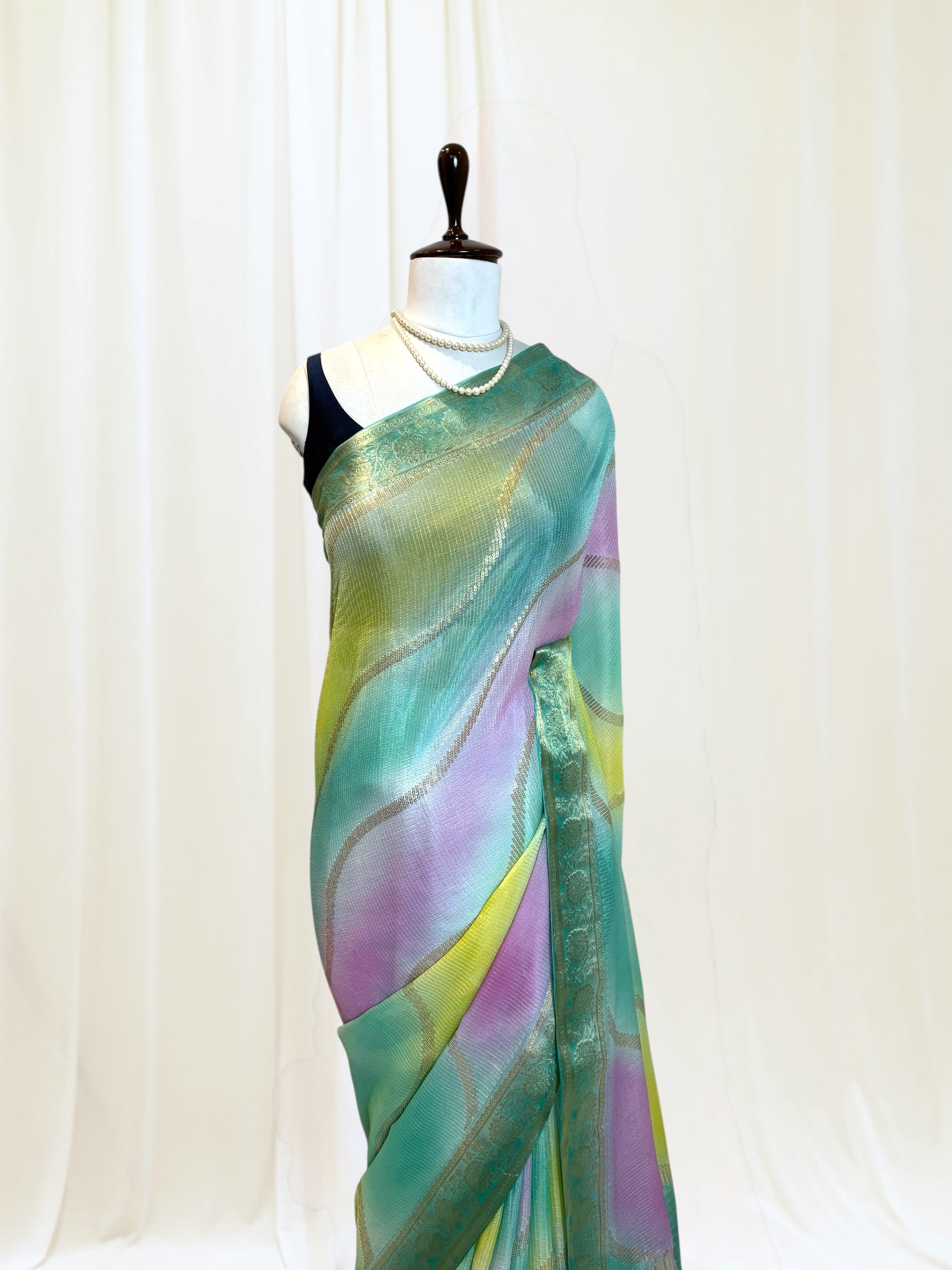 Multicolour Chiffon Threadwork Saree - Blue