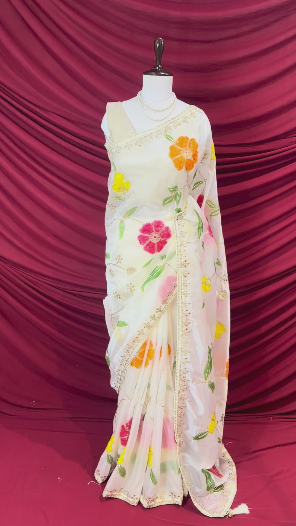 White floral multicolour organza saree