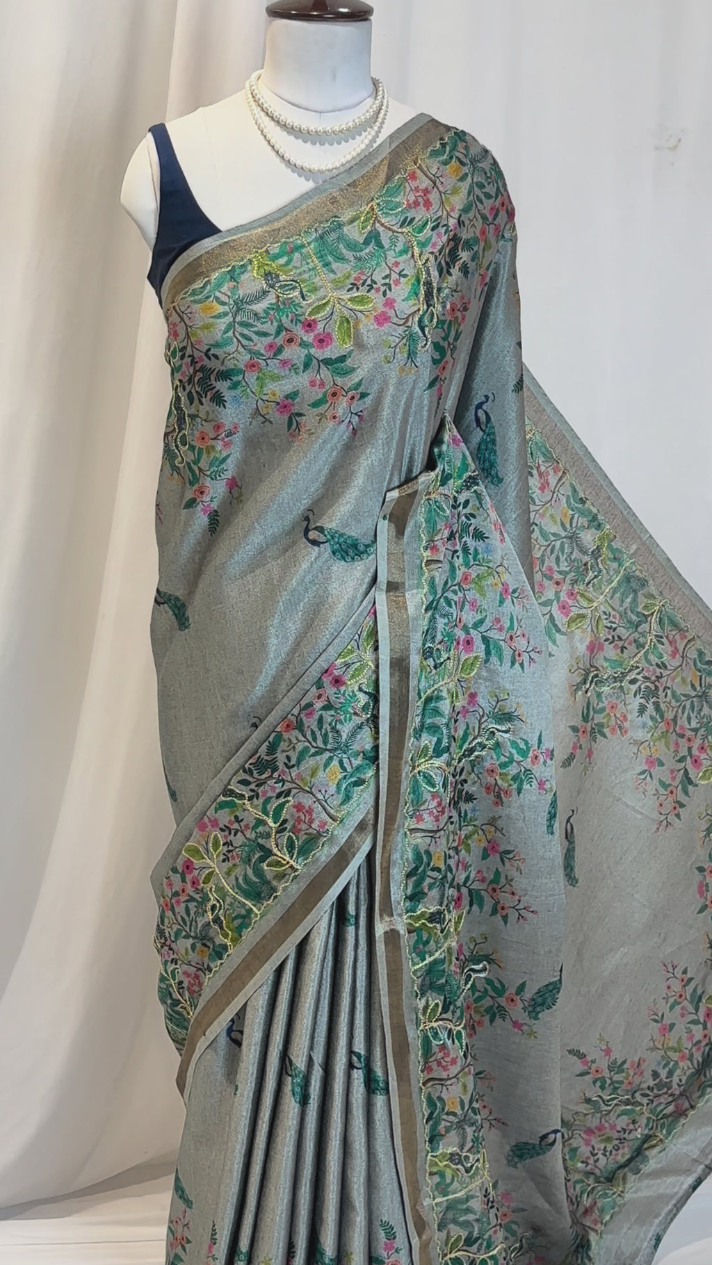 Digital print aariwork soft silk saree - Grey