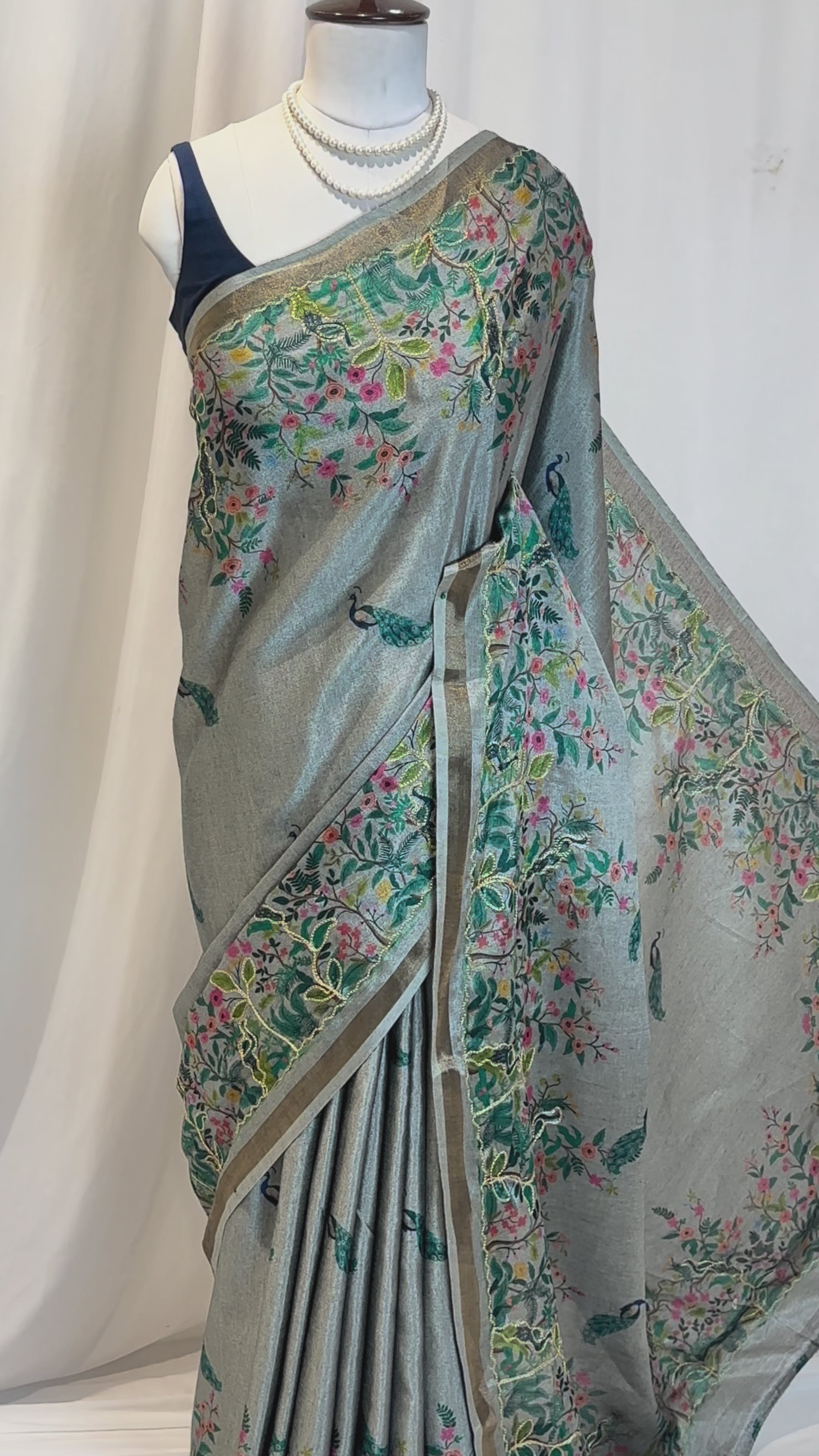 Digital print aariwork soft silk saree - Grey
