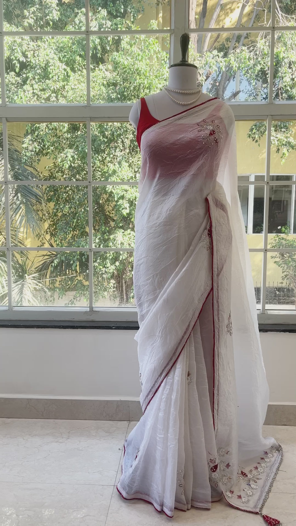 White crushed organza embellished saree