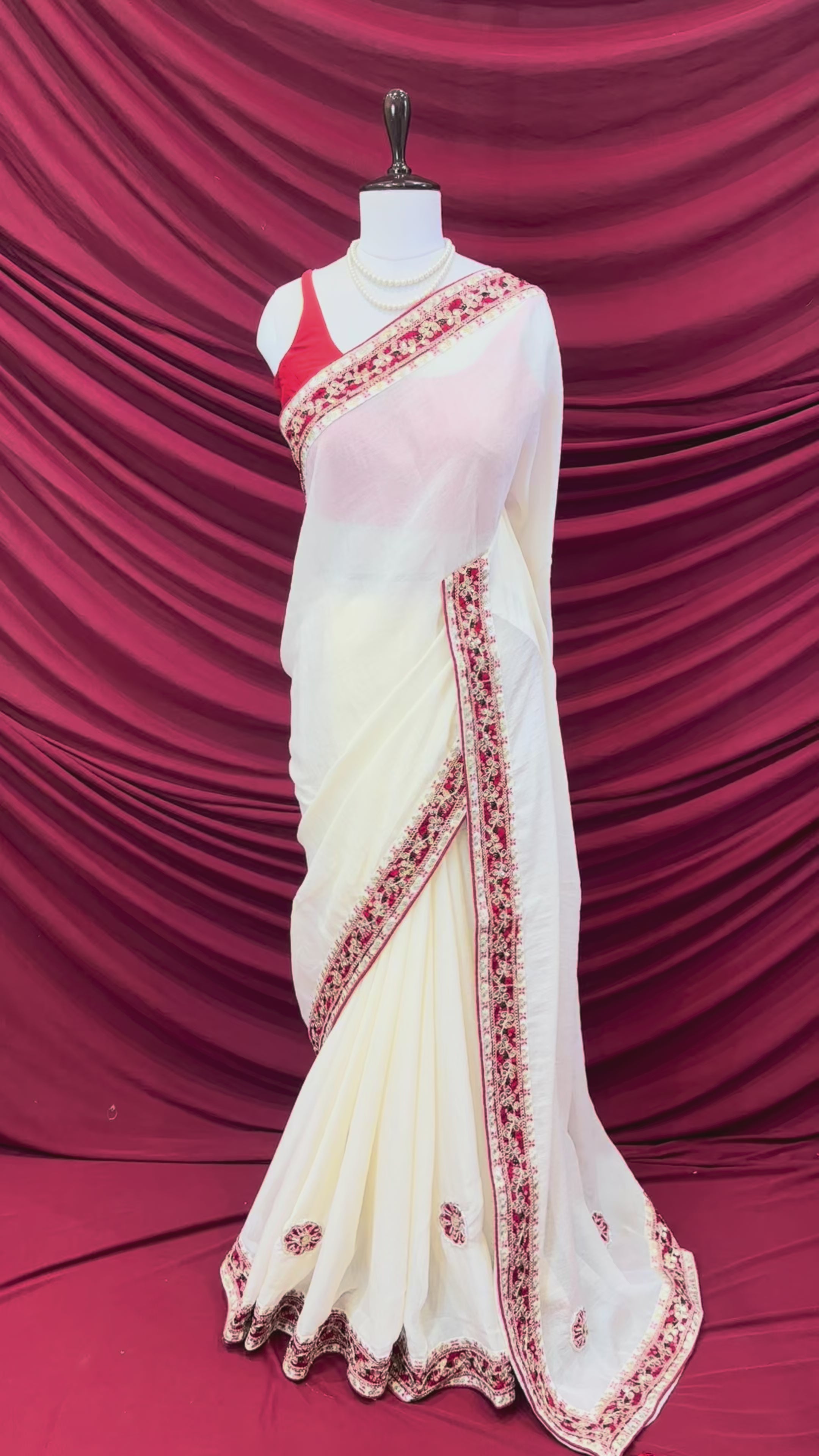 White red embellished chiffon saree